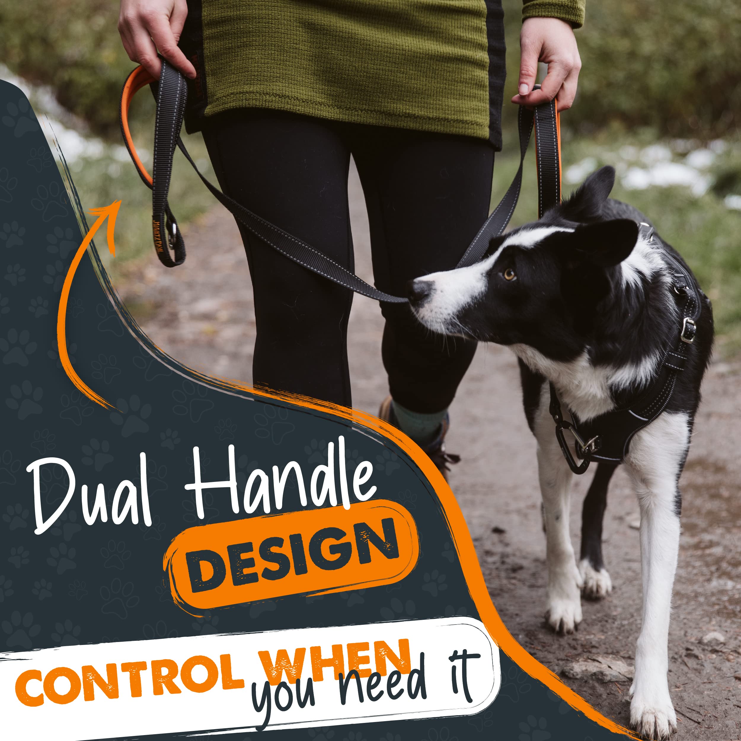 Mighty Paw Two Handle Dog Leash - Paw Leash Built-In Traffic Loop - Carabiner Clip - Double Padded Handles - Suitable For Small To Large Pets - 6' (Black)