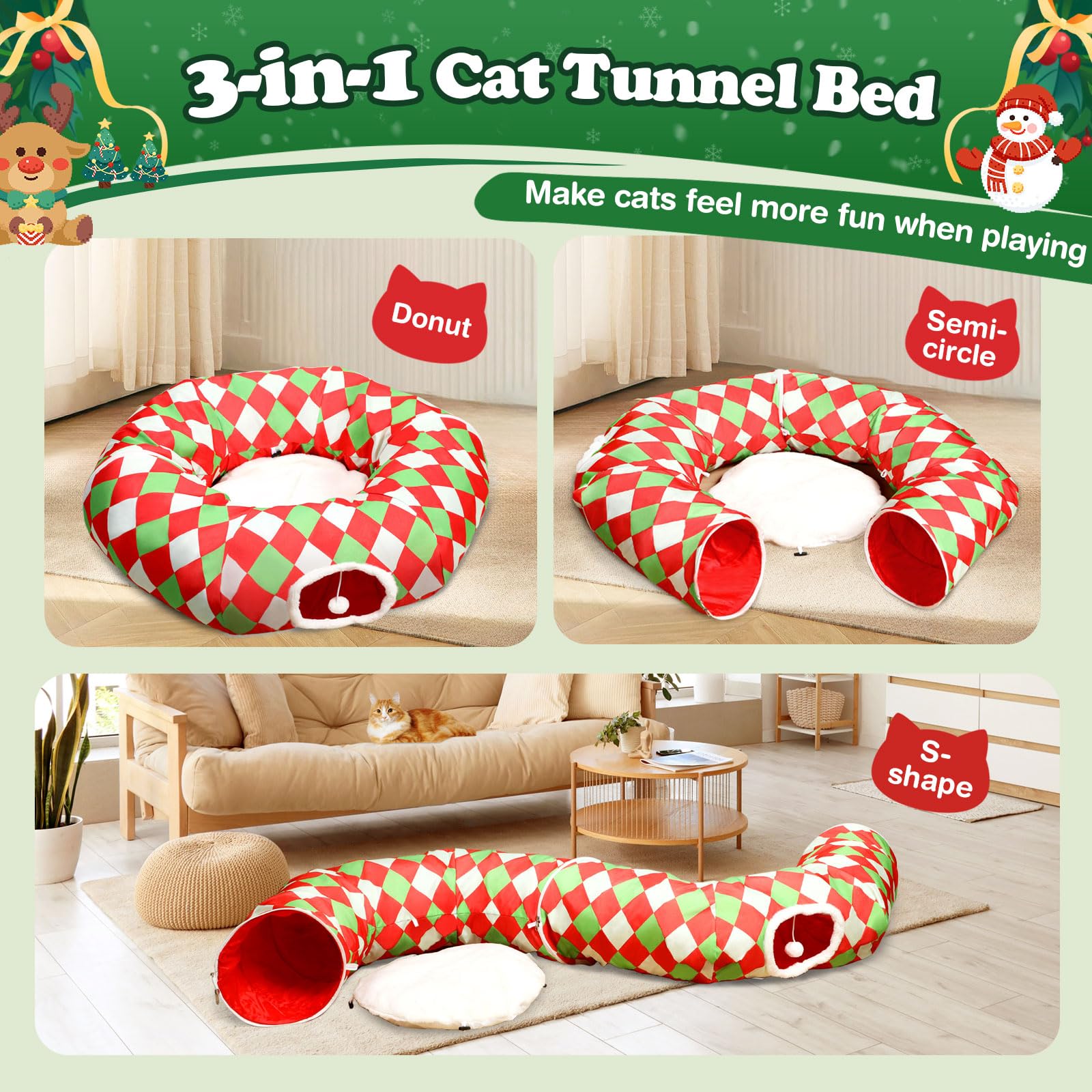 Checkered Dog Bed Cat Peekaboo Cat Cave Donut With Washable Cushion Cat Tunnels For Indoor Cats Festive Decor Perfect For Small