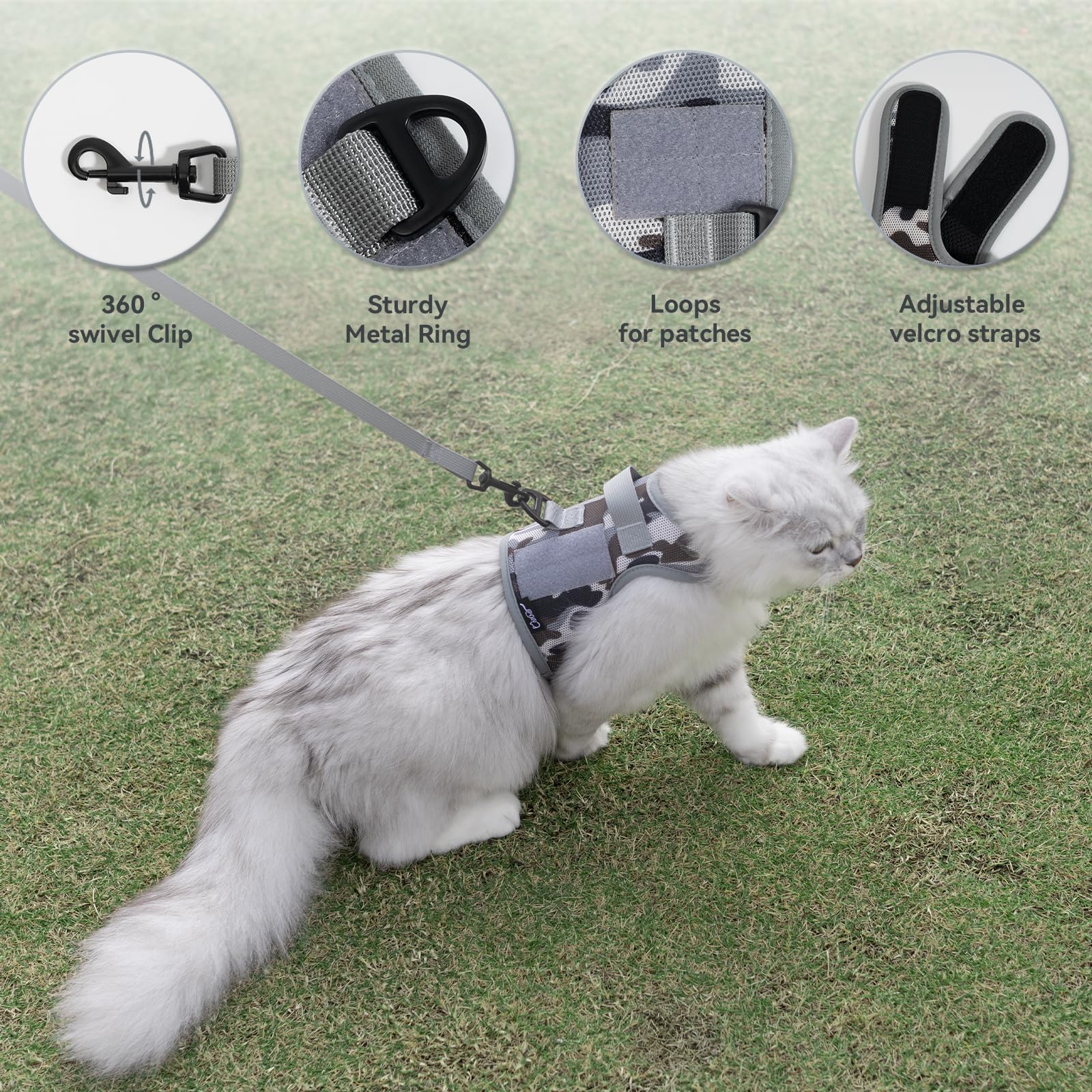 Tactical Cat Harness And Leash For Walking Escape Proof Breathable Mesh Fabric, City Camo, Medium, Adjustable Cat Walking Jacket