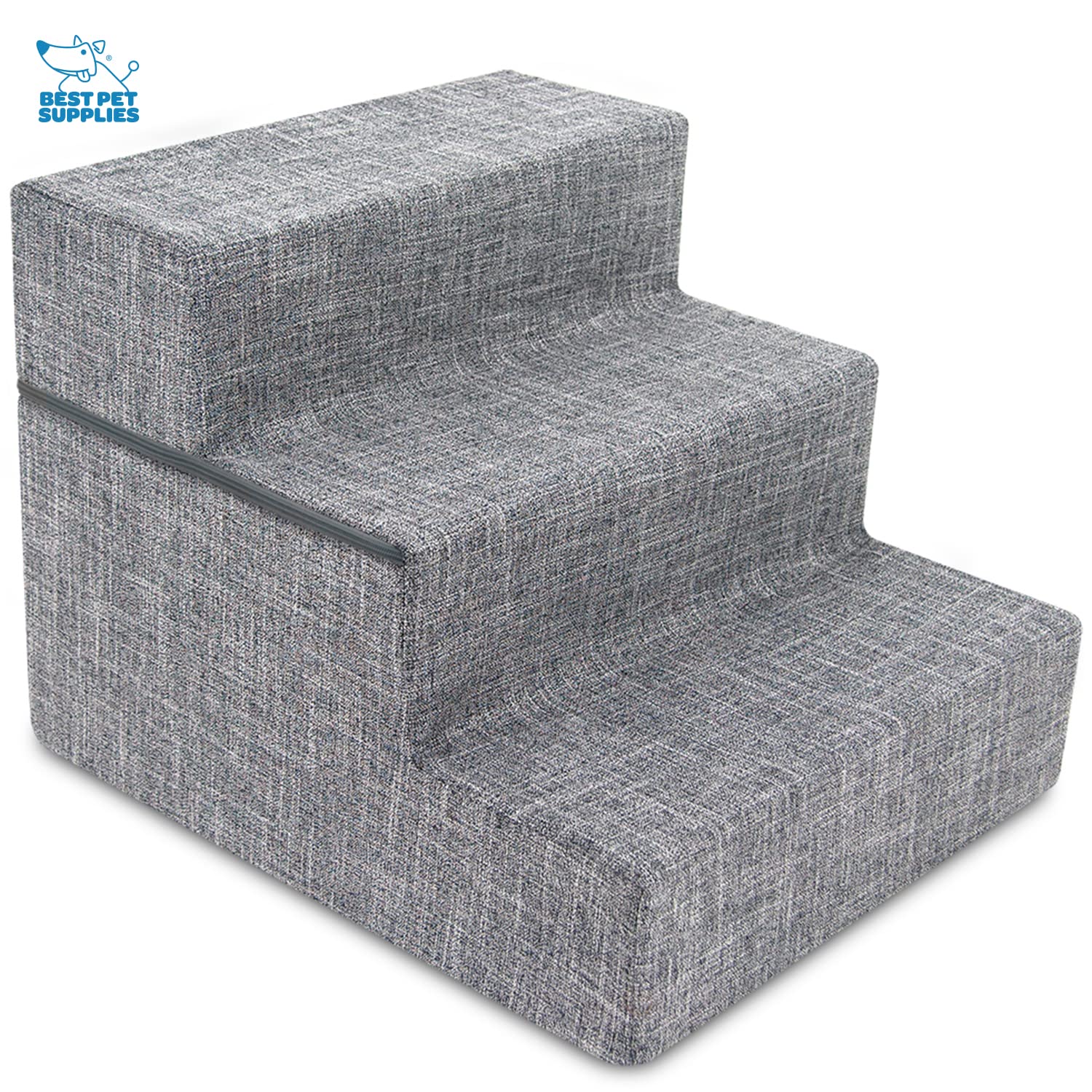 Best Pet Supplies Foldable Foam Pet Steps, 3-Step (H: 16.5"), Gray Linen, Non-Slip Indoor Support for Small Dogs and Cats, Model STF241-S