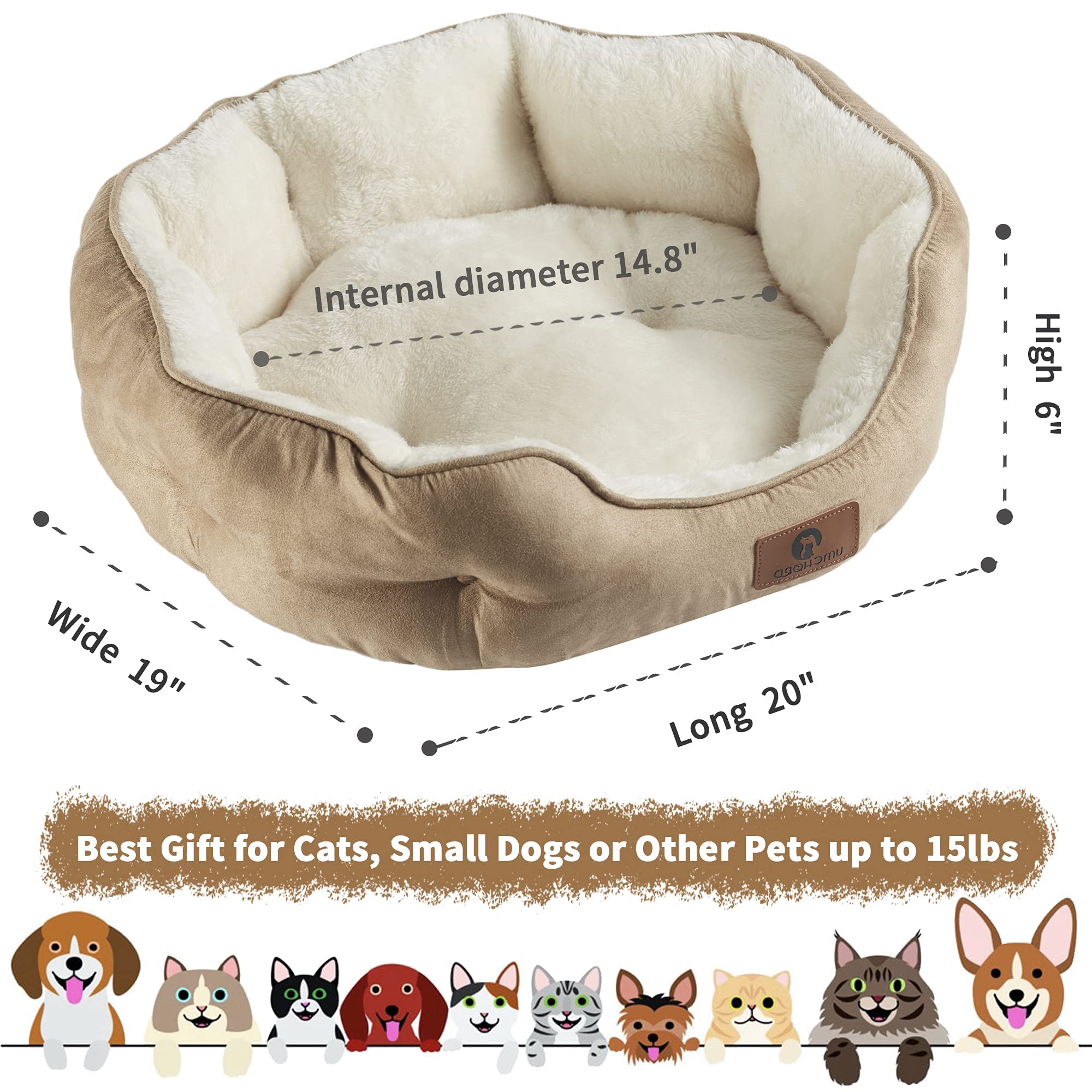 Asvin Small Dog Bed For Small Dogs, Cat Beds For Indoor Cats, Pet Bed For Puppy And Kitty, Extra Soft & Machine Washable With Anti-Slip & Water-Resistant Oxford Bottom, Light Brown, 20 Inches