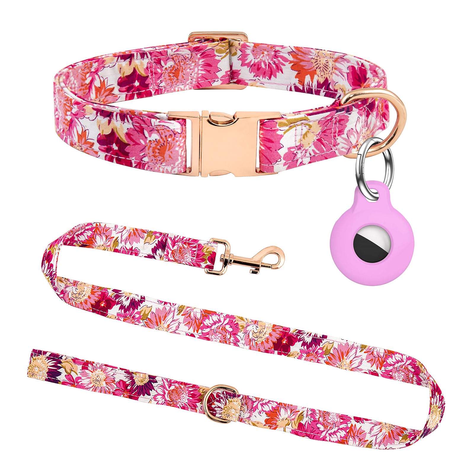 Dog Collar And Leash Set With Airtag Holder,Adjustable Dog Collars With Quick Release Metal Buckle,Flowers Patterns With Soft Pa