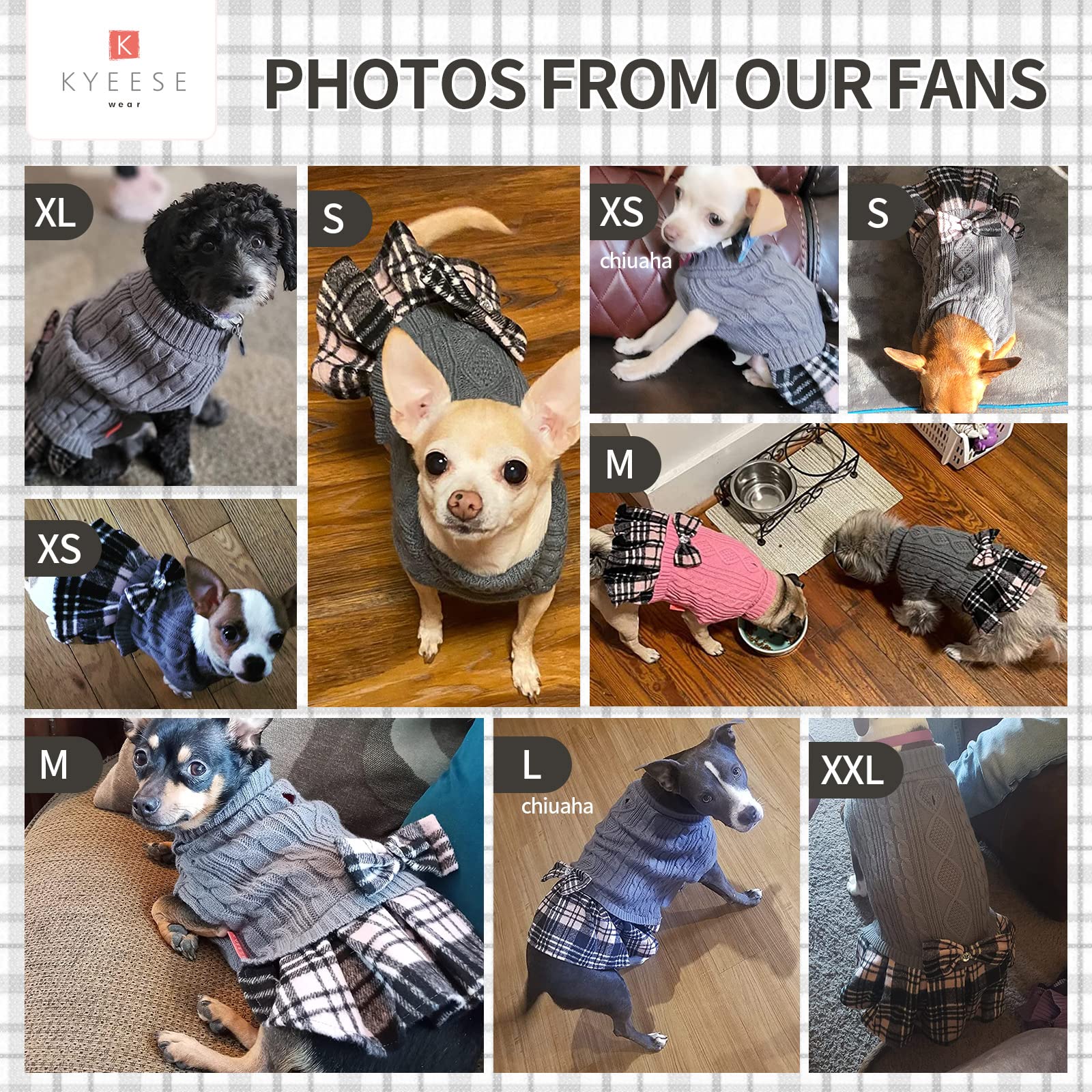 Kyeese Dogs Sweater Dress With Leash Hole For Small Dogs Plaid With Bowtie Turtleneck Dog Pullover Knitwear Puppy Cat Sweaters Grey
