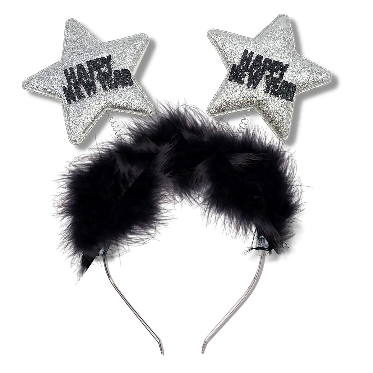 Happy New Year Headband With Star Boppers And Silver Tone Tinsel, 10 Inch (Silver Star - Happy New Year)