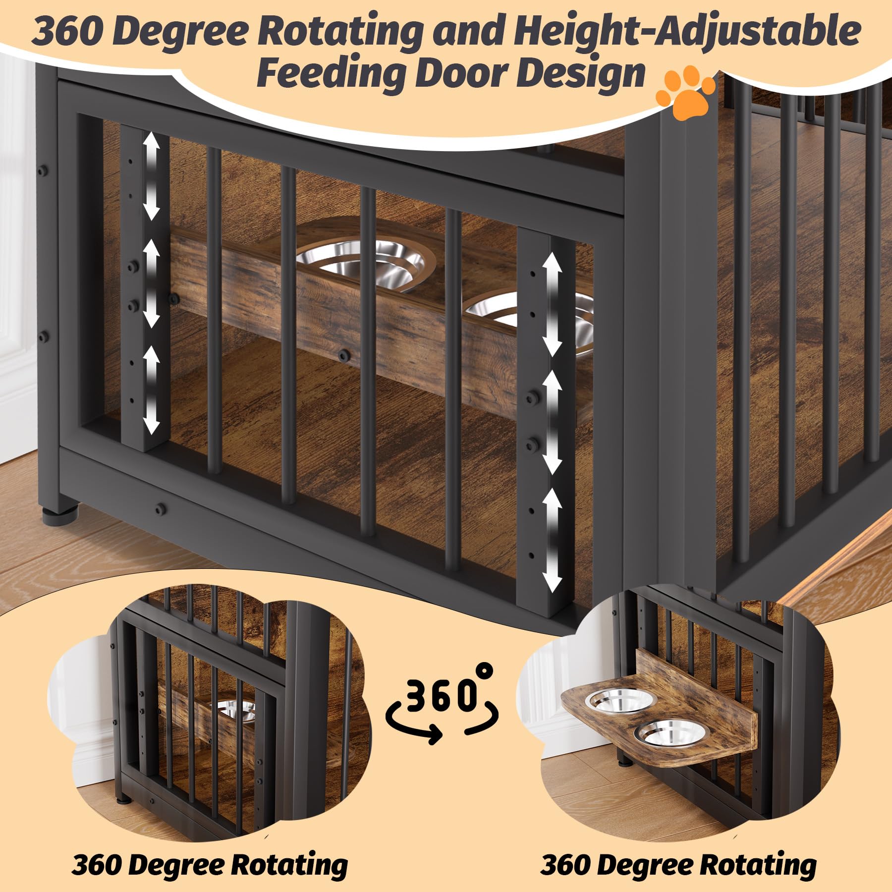 GarveeHome Dog Crate Furniture, Large Dog Cage with 2 Open Storage Shelves, 41 Inch Dog Kennel with Adjustable Raised Feeders, I
