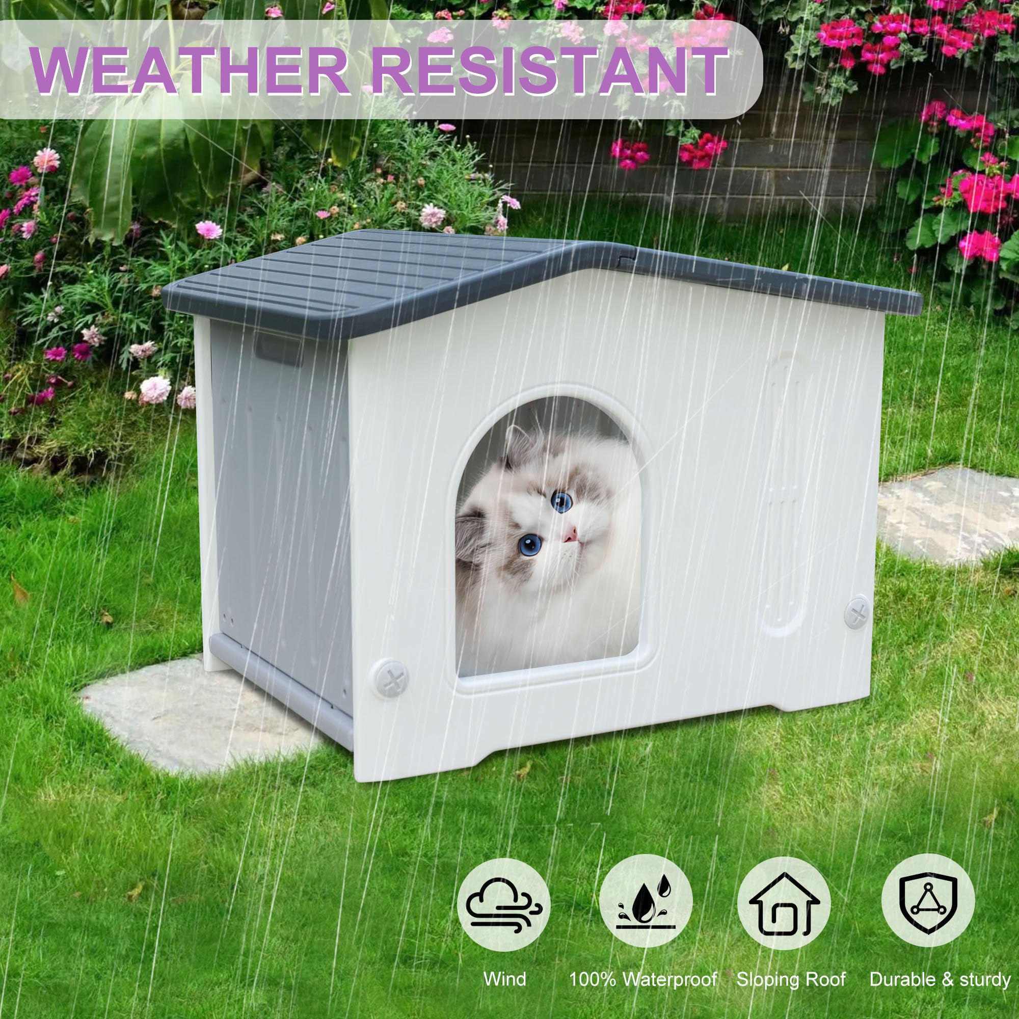 Rockever Plastic Outdoor Cat House with Escape Door, Waterproof Cat Shelters for Feral Cats Indoor Cat House with Mat, Sturdy Ca