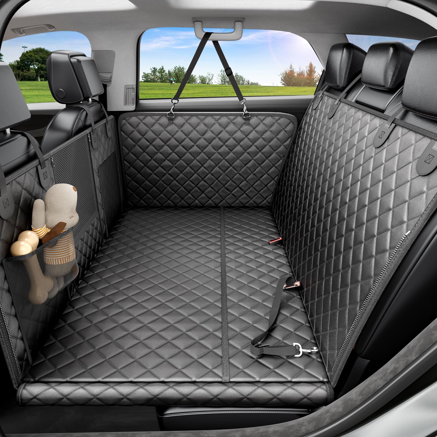 Reevaa Dog Car Seat Cover For Back Seat, Hard Bottom Dog Hammock, Pet Bed Extender For 2-4 Large/Medium Dogs, Waterproof Seat Pr