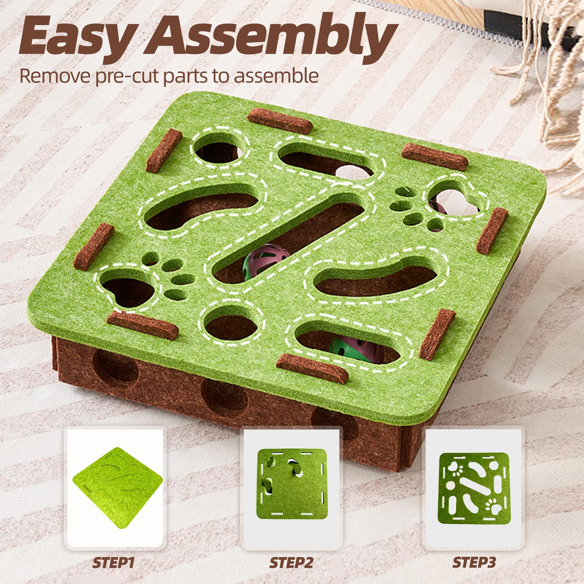 BZDBZD Interactive Cat Puzzle Feeder Toy - Felt Maze Box with 3 Jingle Balls for Indoor Cats, Kittens - Mental Stimulation, Slow