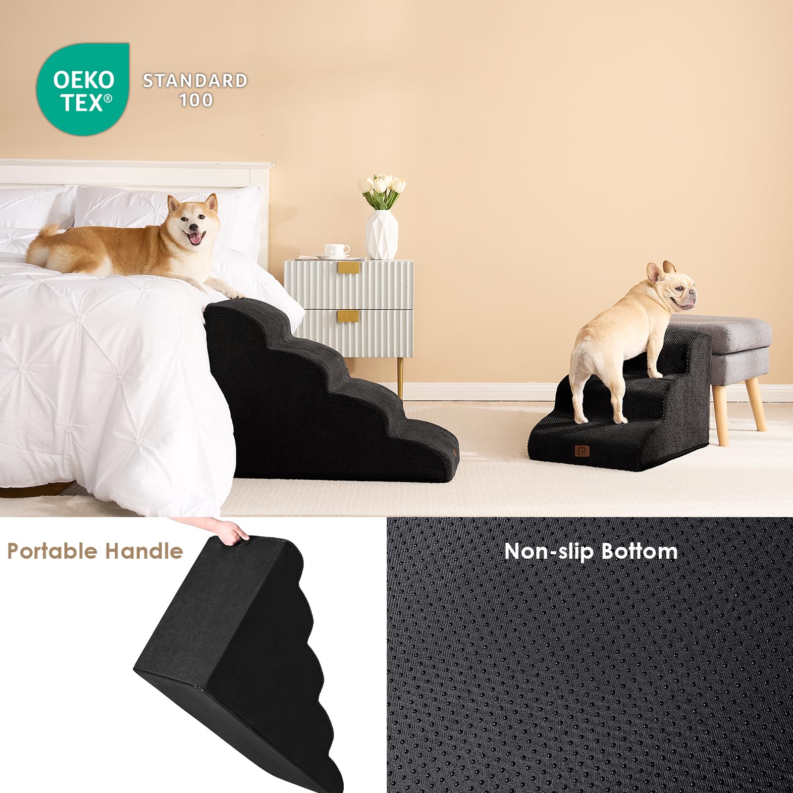 Eheyciga Curved Dog Stairs Ramp For Small Dogs 15.7' H, 3-Step Dog Steps For Couch Sofa And Chair, Pet Stairs For Cats, Non-Slip Balanced Pet Steps Indoor, Black