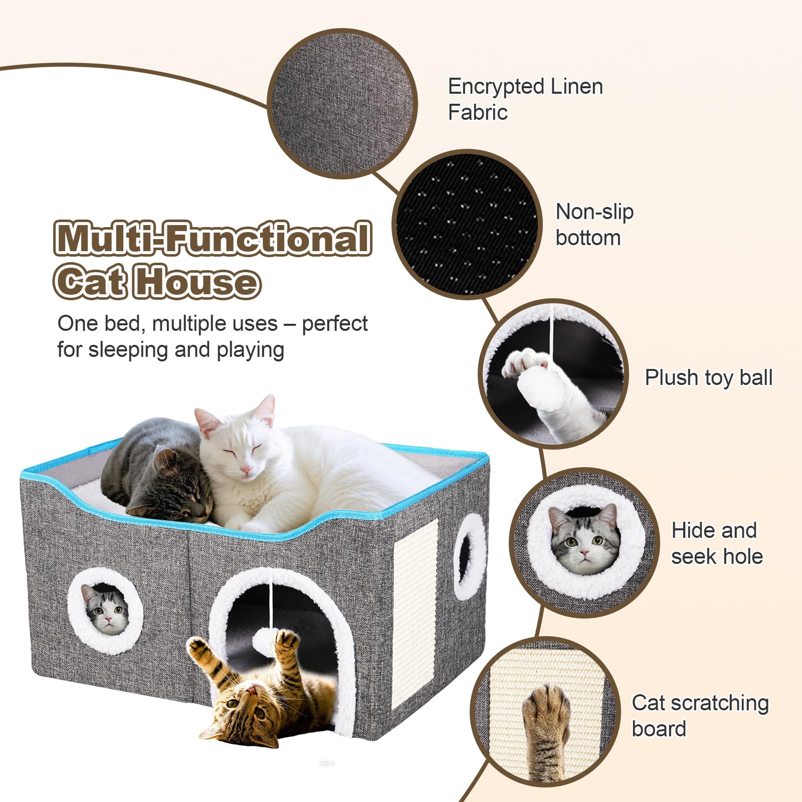 Cat House For Indoor Cats - Foldable Cat Bed Cave With Scratch Pad, Fluffy Ball, And Cat Hole - Durable & No Sagging Cat Condo,