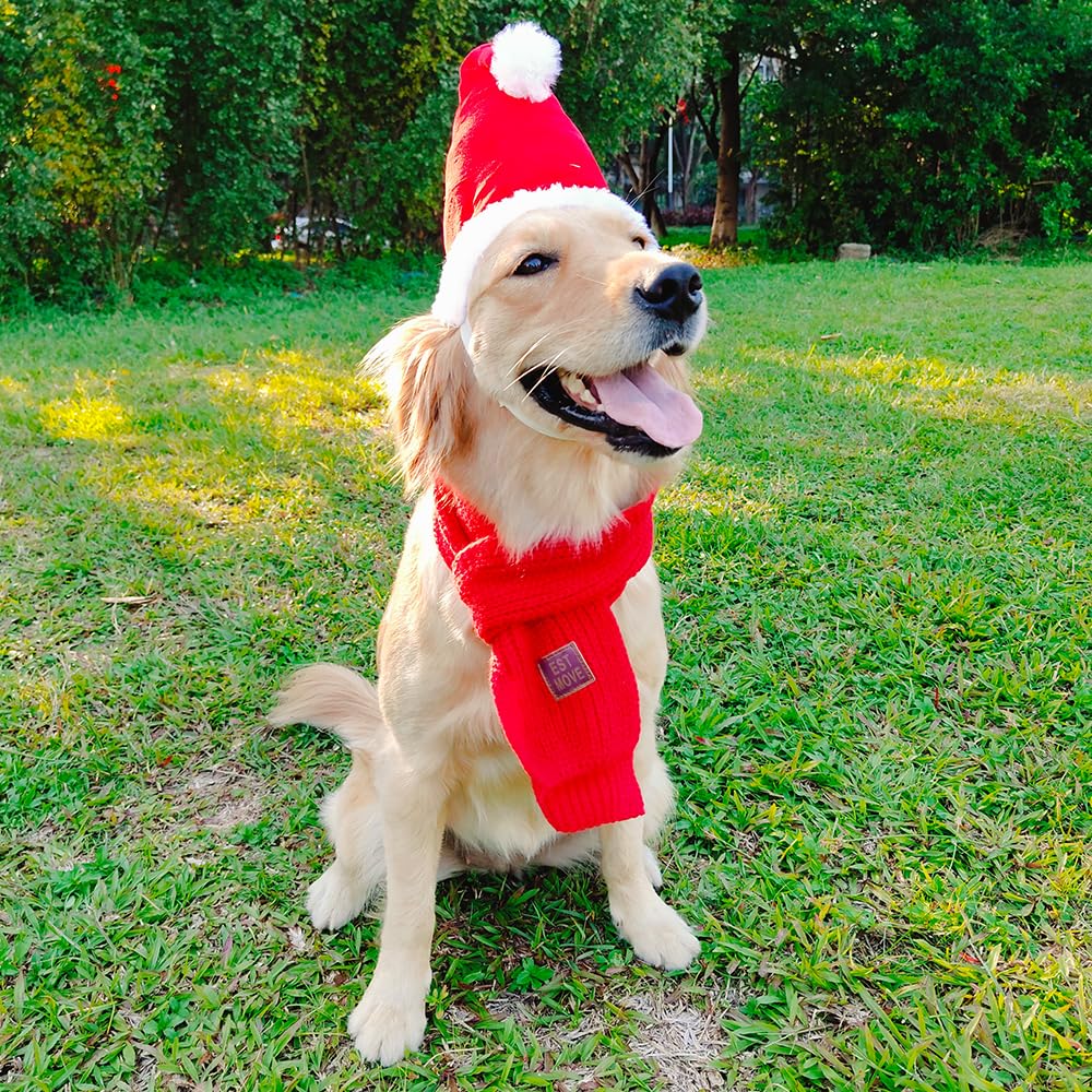 Santa Hat & Scarf Set For Medium Large Dogs, 2 Pcs Adjustable Dog Christmas Costume, Fall Winter