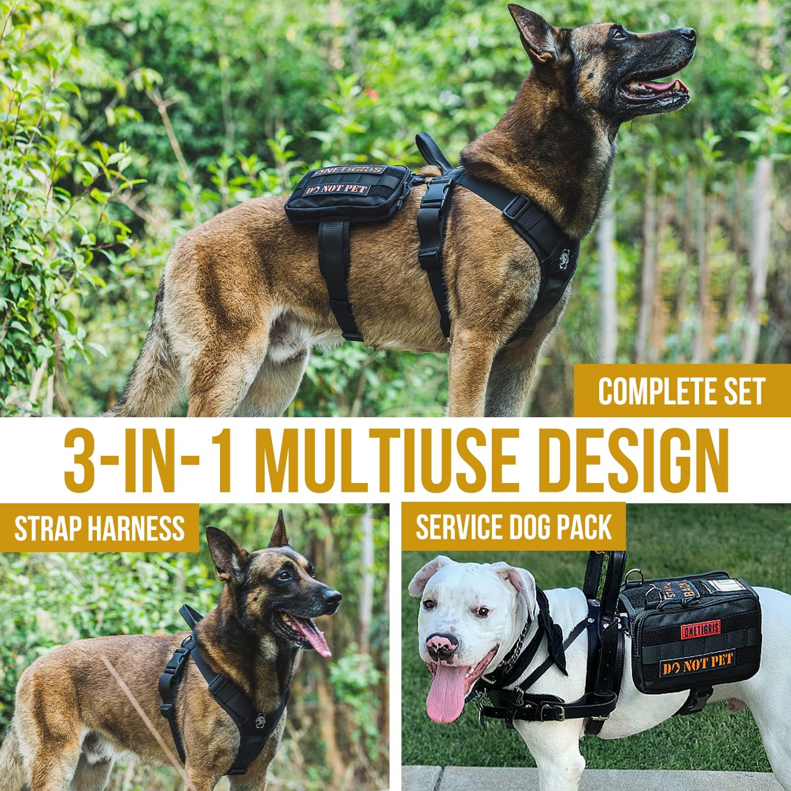 OneTigris Service Dog Vest Harness, Service Dog Cape Guardian Dog Molle Backpack with Pouches for Medium and Large Dogs (Black,
