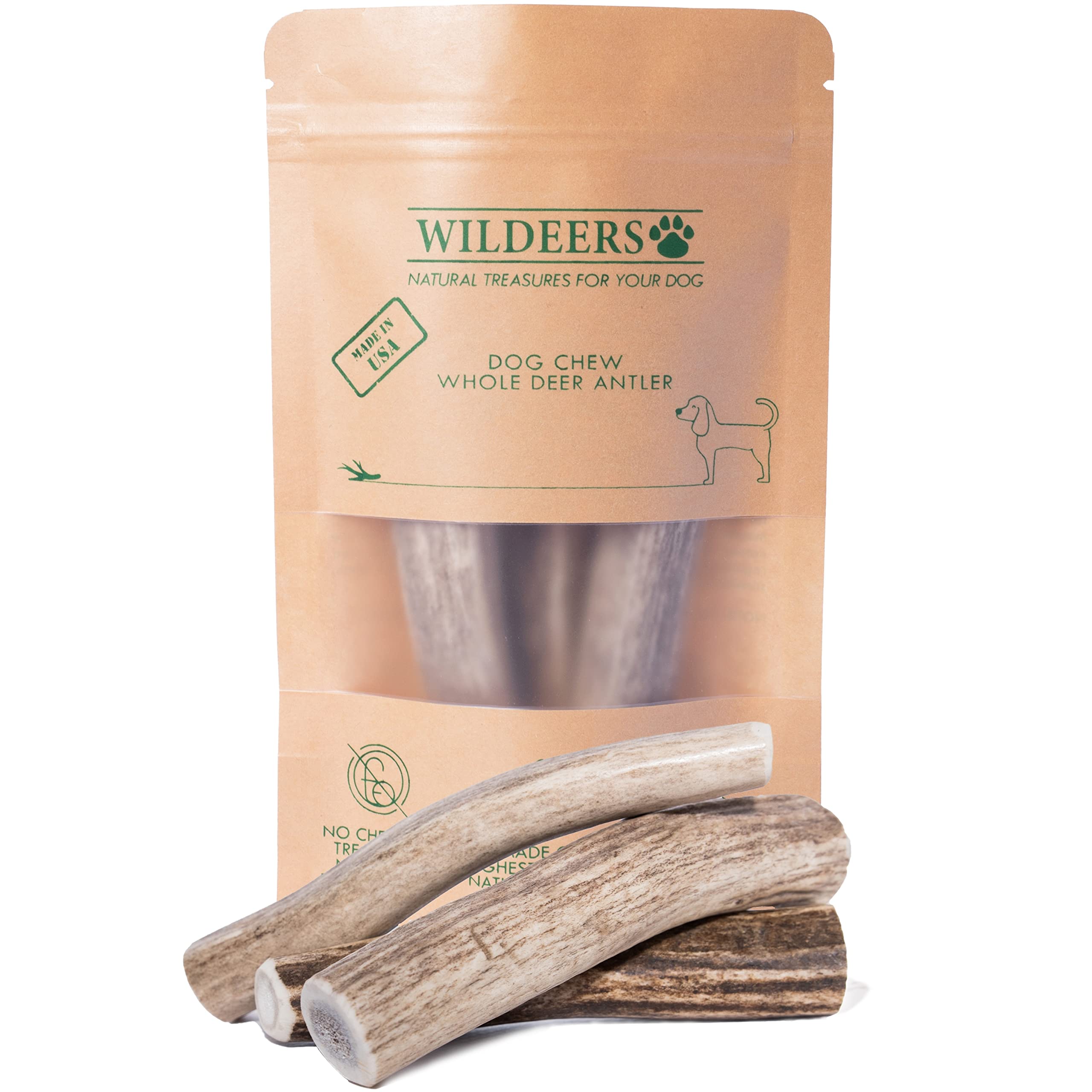Wildeers Premium Deer Antlers for Dogs - Dog Antler Chews - Made in USA, Naturally Shed, Healthy Treat - Grade A, 4-5 in, 3 Piec