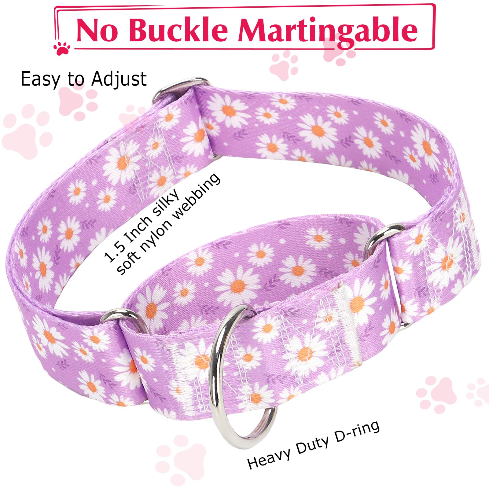 1.5 Inch Martingale Dog Collar - No Pull Daisy Design Nylon Training Collar For Medium, Large & Xl Dogs | Heavy Duty Adjustable
