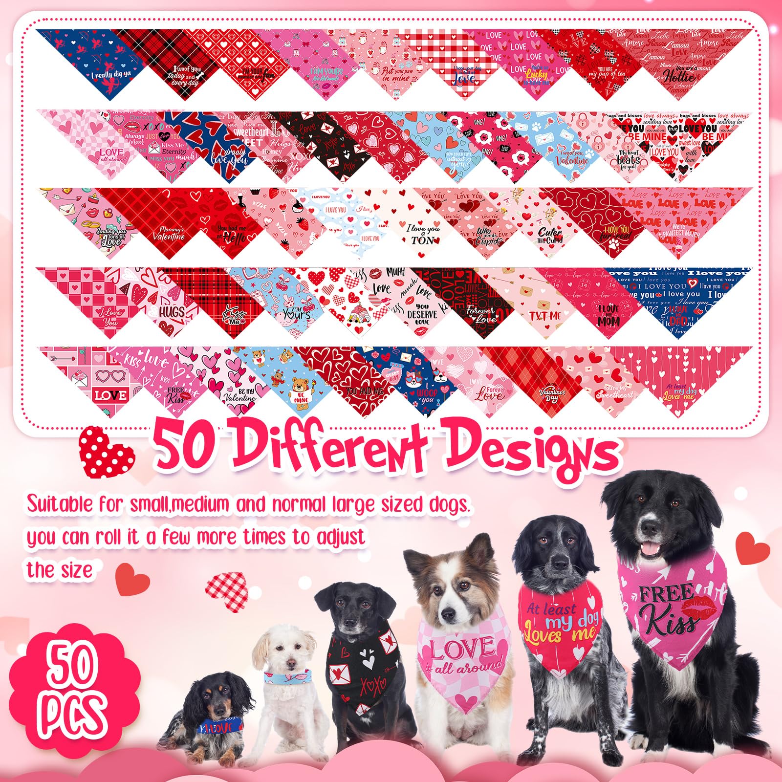 Chunful 50 Pcs Valentine'S Day Dog Bandana Bulk With Sayings Pet Triangle Scarf Bibs Washable Puppy Kerchief Adjustable Grooming