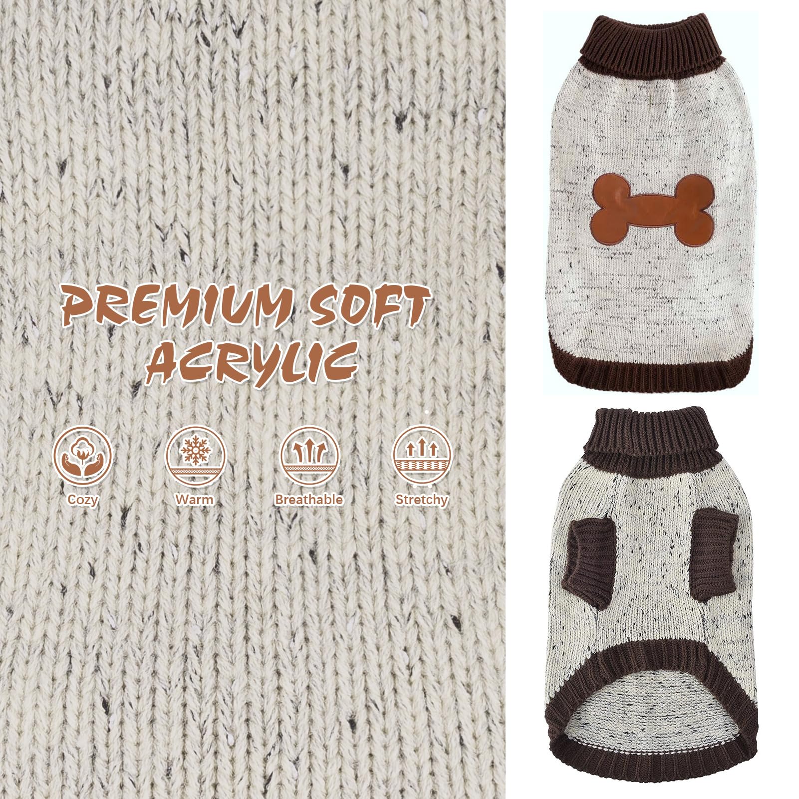 Bingpet Turtle Neck Dog Sweater - Brown Bone Pattern - Puppy Winter Warm Cloth For Small Medium Large Dogs