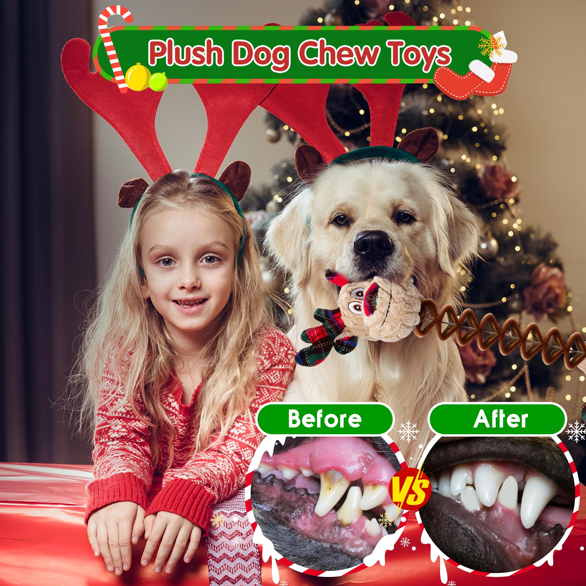 Motsamla Christmas Dog Toys, Plush Squeaky Toy With Crinkle Paper, Cute Puppy Toys With Cotton, Durable Interactive Chew Toys Fo