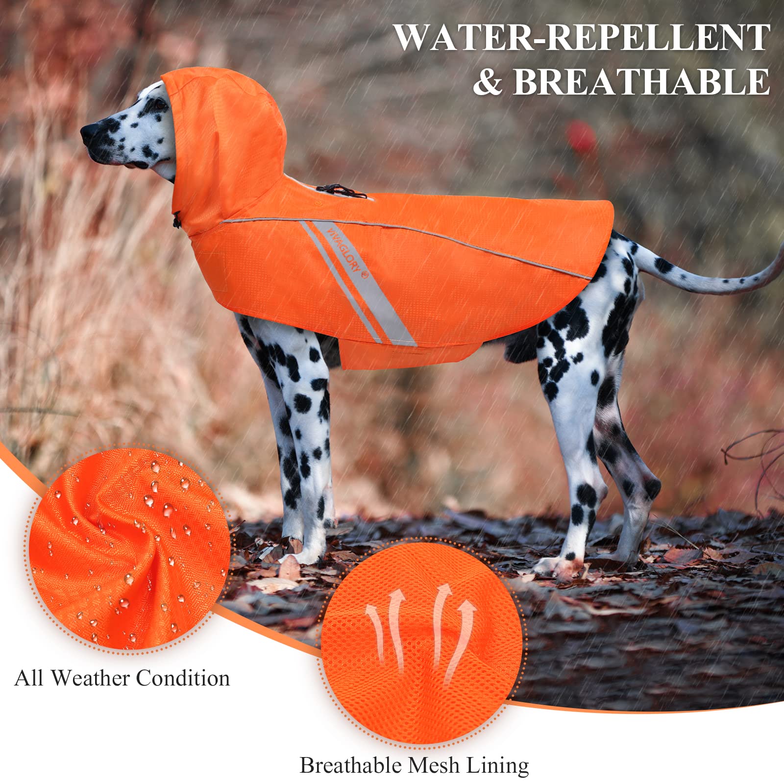 Vivaglory Dog Raincoat For Medium Dogs, Easy On & Off Pet Rain Clothes With Storage Bag, Reflective Lightweight Breathable Dogs Safety Vest Jackets For Adventures, Walking, Hunting, Orange