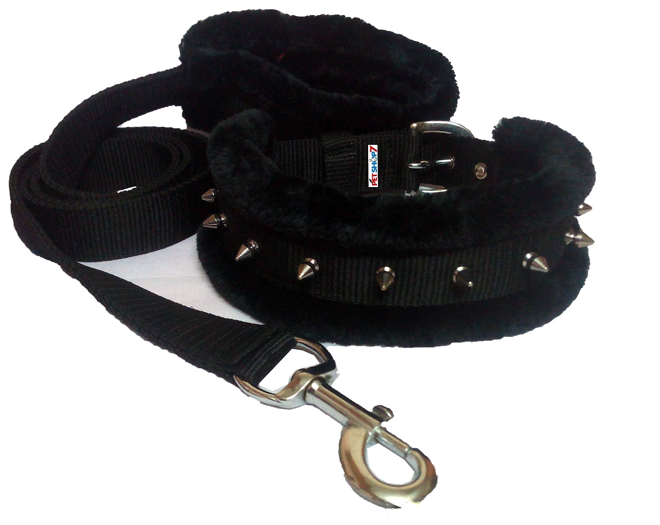 Petshop7 Nylon Fur Padded Spike Dog Collar & Dog Leash  Large (Adjustable Neck Size : 1620Inch) Black