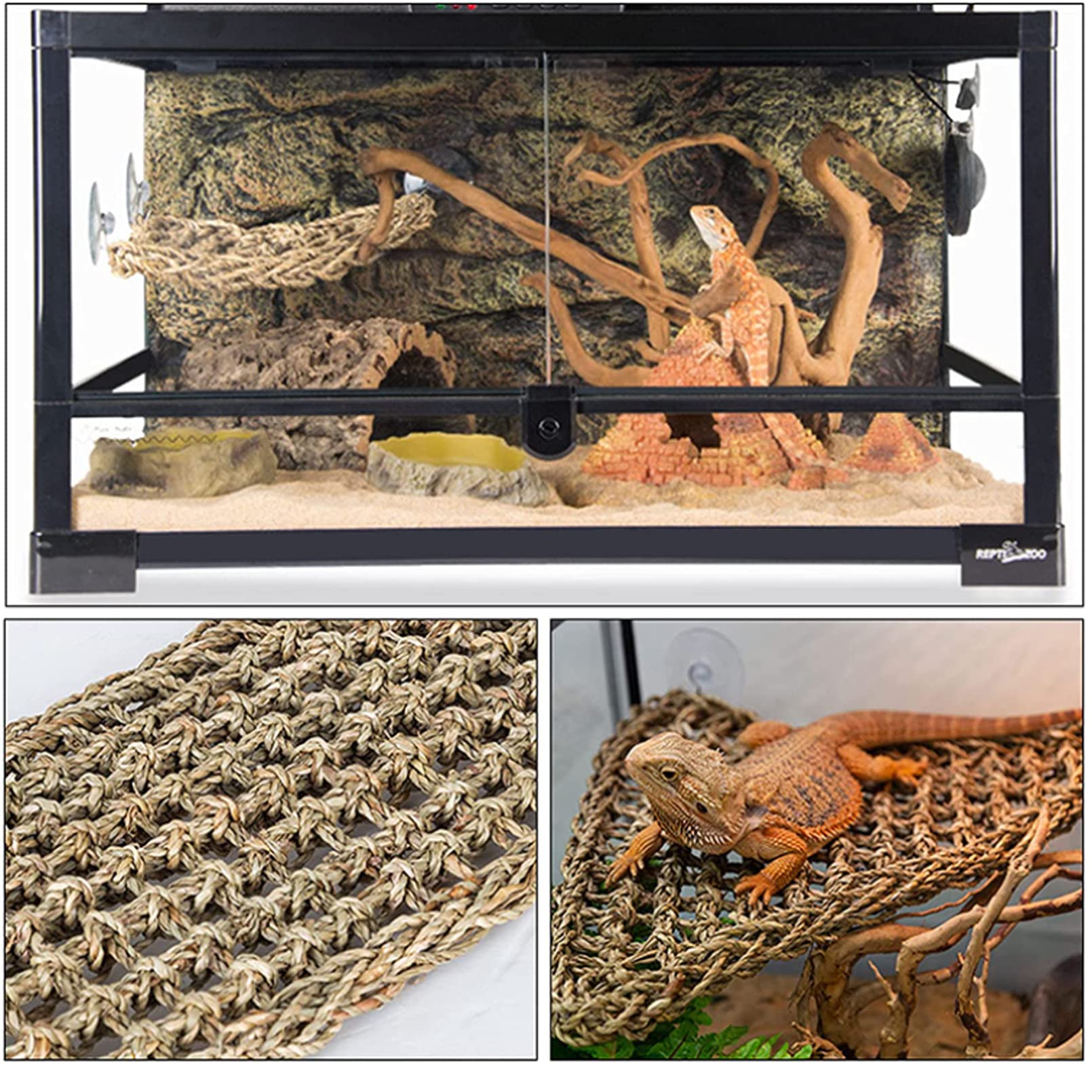 Tfwadmx 3 Pack Bearded Dragon Hammock Lizards Lounger Reptile Climbing Accessories, Natural Seagrass Fibers Hammock For Reptiles Geckos Anoles Iguanas Hermit Crabs Triangular