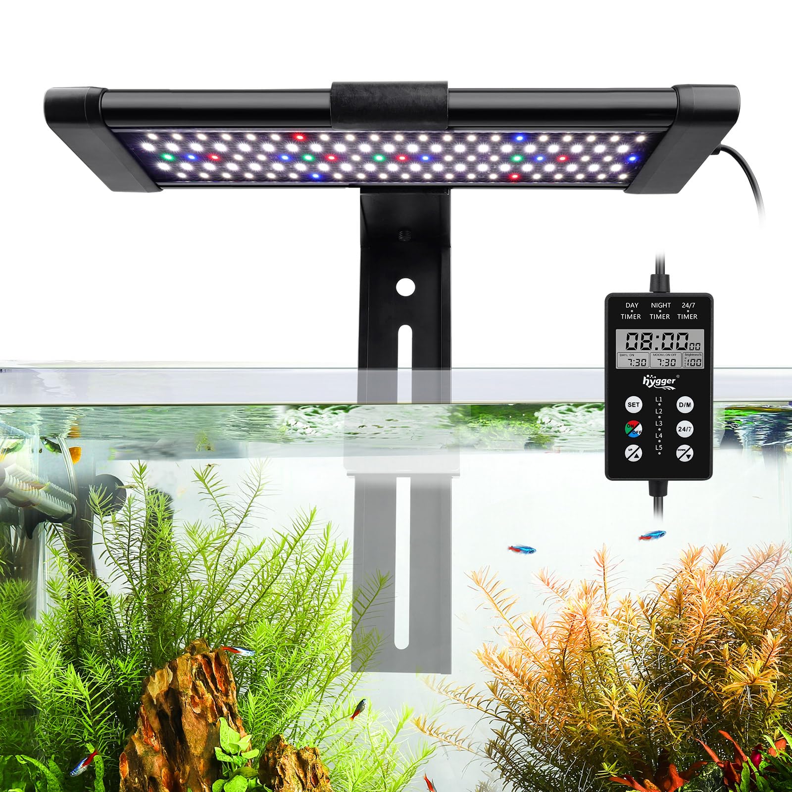 hygger Clip On Custom LED Aquarium Light, Daylight-Moonlight & 24/7 Mode, Adjustable Brightness 8 Colors Full Spectrum Fish Tank