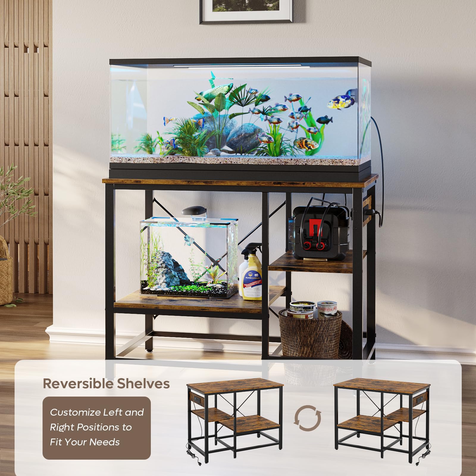 Bestier 40-50 Gallon Fish Tank Stand with Power Outlet, 36x19 Metal Aquarium Stand, 6-Leg Reptile Tank Stand with 3-Tier Adjusta