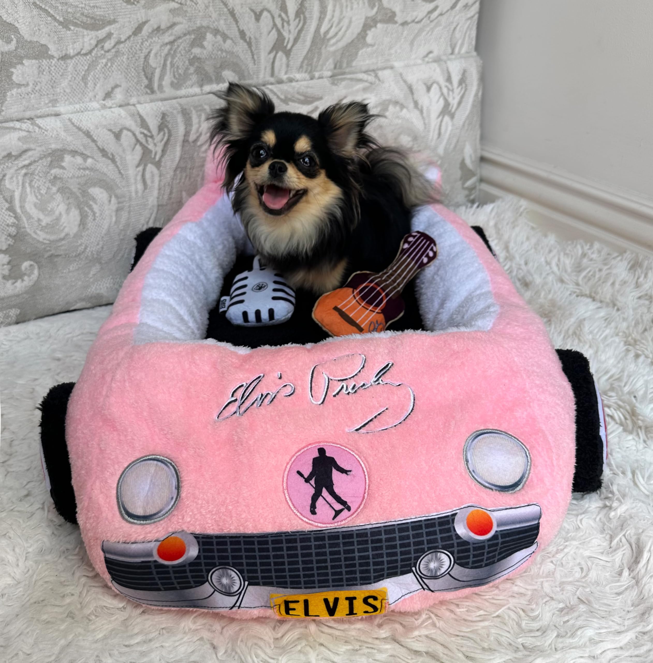 Megatoys Elvis Plush Car Pet Bed - Pink Pet Bed With Musical-Design Pillows And Elegant Car Styling