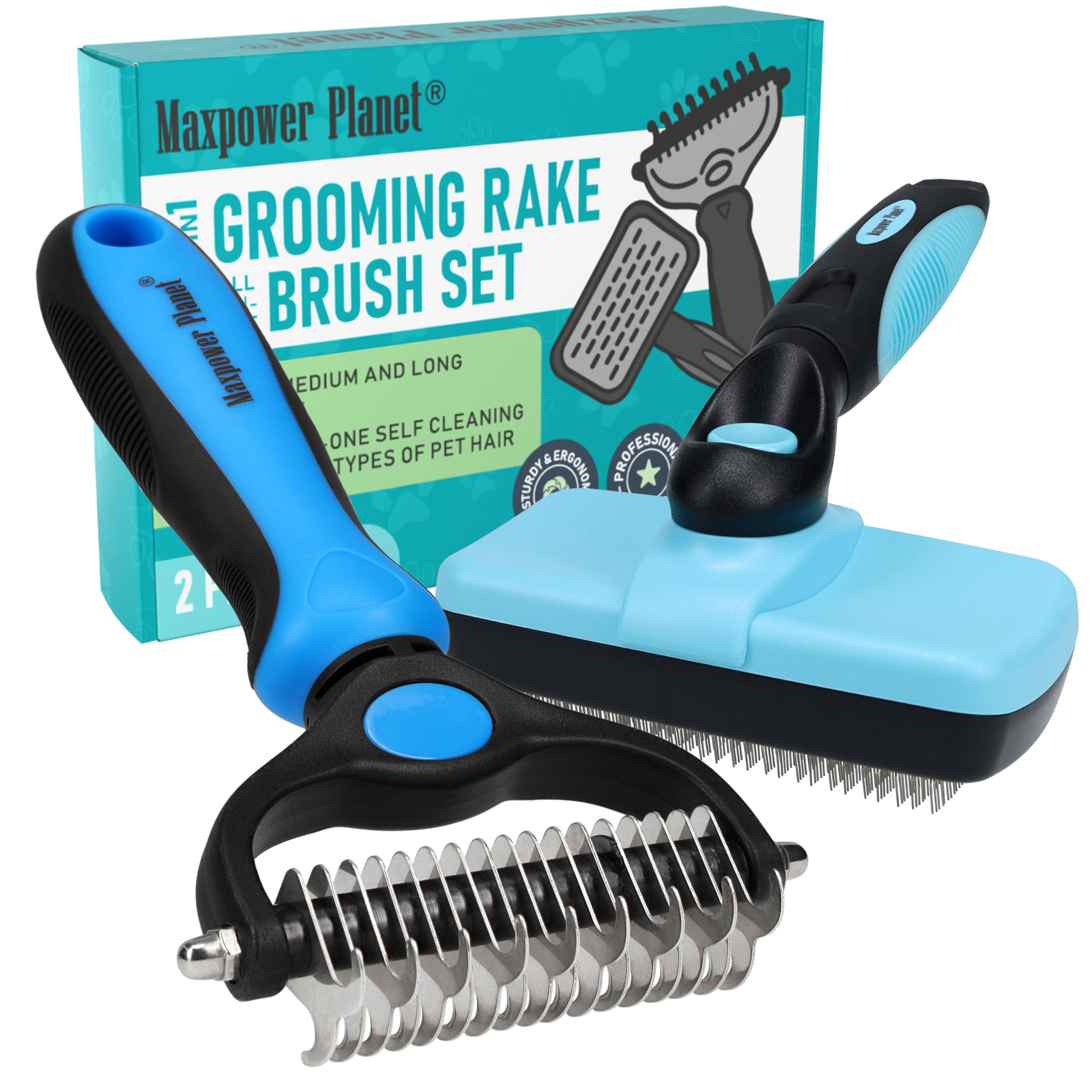 Maxpower Planet Dog Rake And Dog Hair Brush - Gently Removes Loose Undercoat, Mats And Tangled - Deshedding Grooming Tool For Do