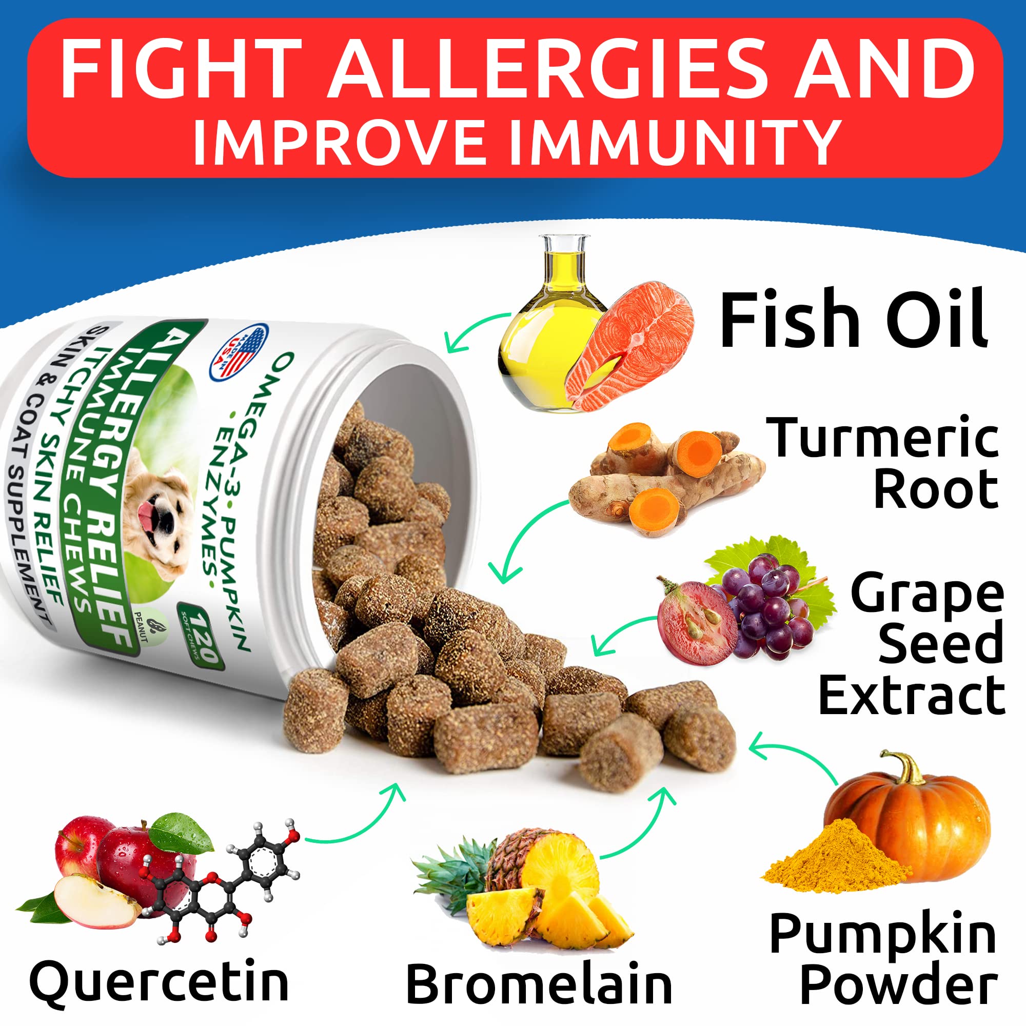 BARK&SPARK Dog Allergy Relief Chews - Anti-Itch Skin & Coat Supplement - Omega 3 Fish Oil - Itchy Skin Relief Treatment Pills -