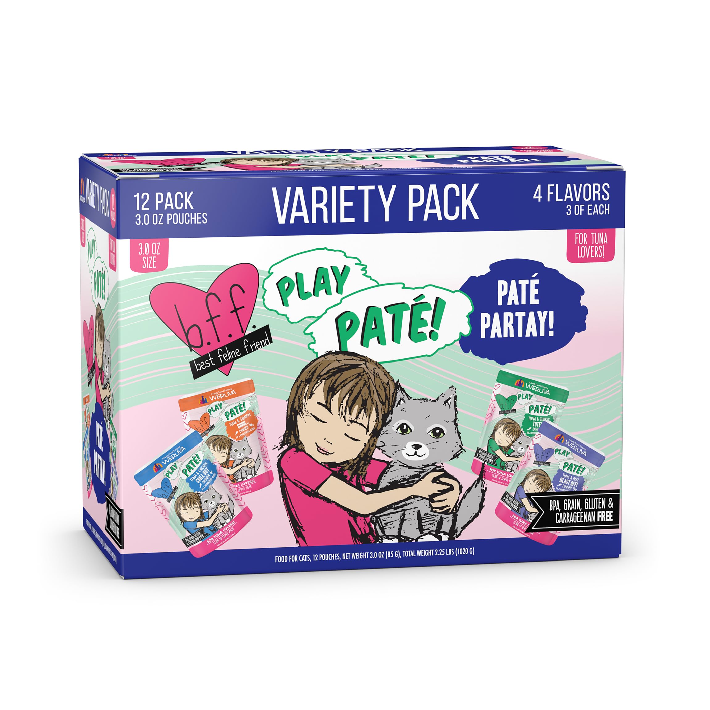 Weruva B.F.F. Play - Best Feline Friend Pat   Lovers, Aw Yeah!, Pat   Partay! Variety Pack, 3oz Pouch (Pack of 12)