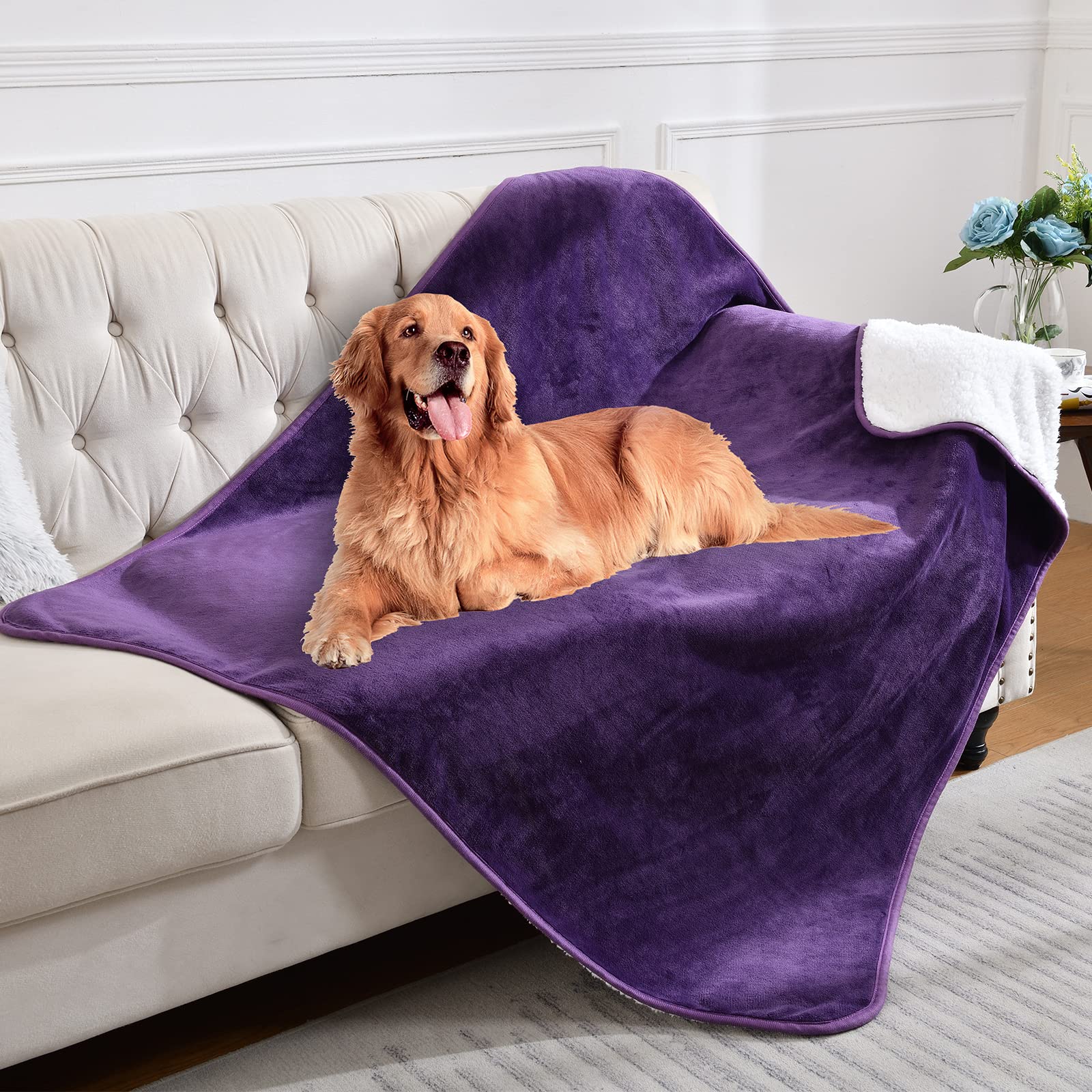 Yaning Waterproof Blanket For Bed Couch Sofa, Soft Liquid Pee Proof Pet Blanket For Dog Puppy Cat, Reversible Sherpa Fleece Furniture Protector (Dark Purple, 60X80 Inches)