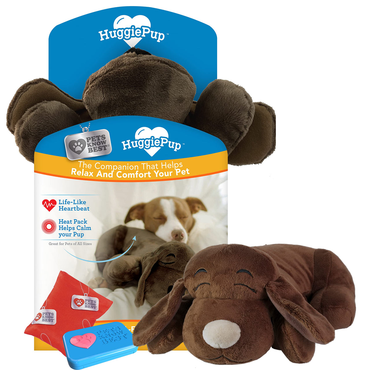 Huggiepup By Pets Know Best- Cuddly Puppy Behavioral Aid Toy, Great For Crate Training- Pulsing Heartbeat, Heating Pack- Chocola