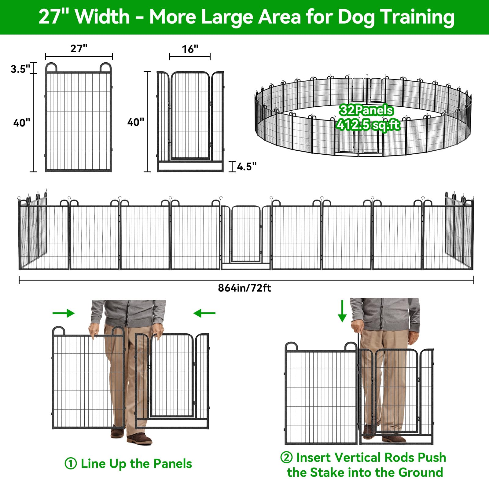 Dog Playpen Outdoor 32 Panels Heavy Duty Dog Fence 40'' Height Anti-Rust With Doors Portable For Rv Camping Yard, Total 72Ft, 41