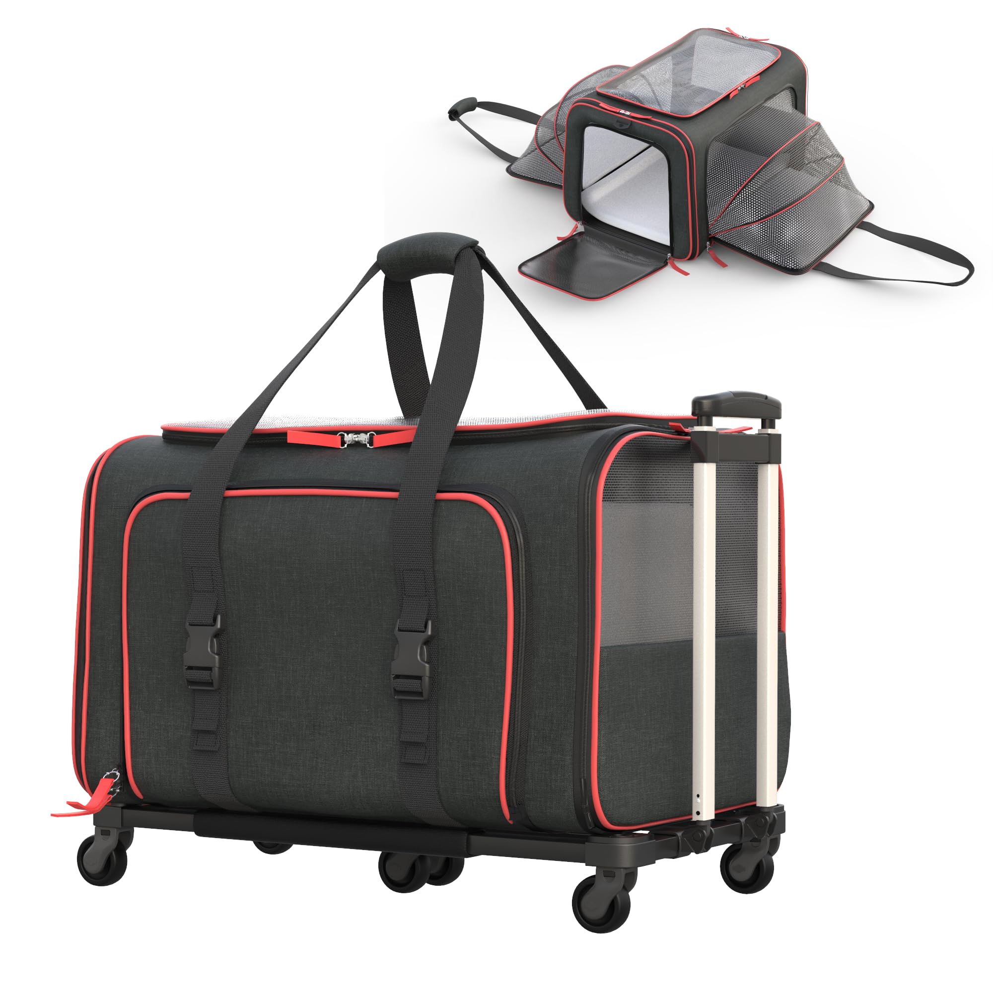 Katziela Rolling Rover Airline Compliant Expandable Premium Pet Carrier 6-Wheeled Baseboard Telescopic Handle Two-Sided Expandab