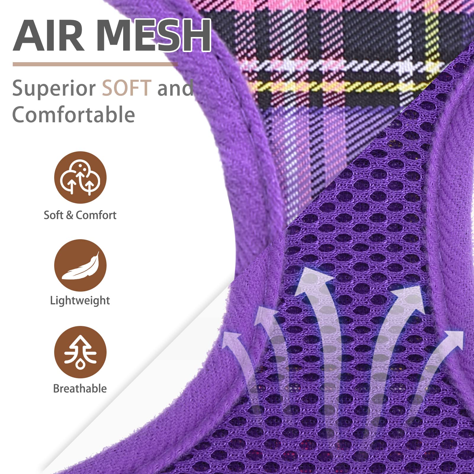 Pupteck Soft Mesh Dog Harness And Leash Set Pet Puppy Cat Comfort Padded Vest No Pull Harnesses, Purple, L