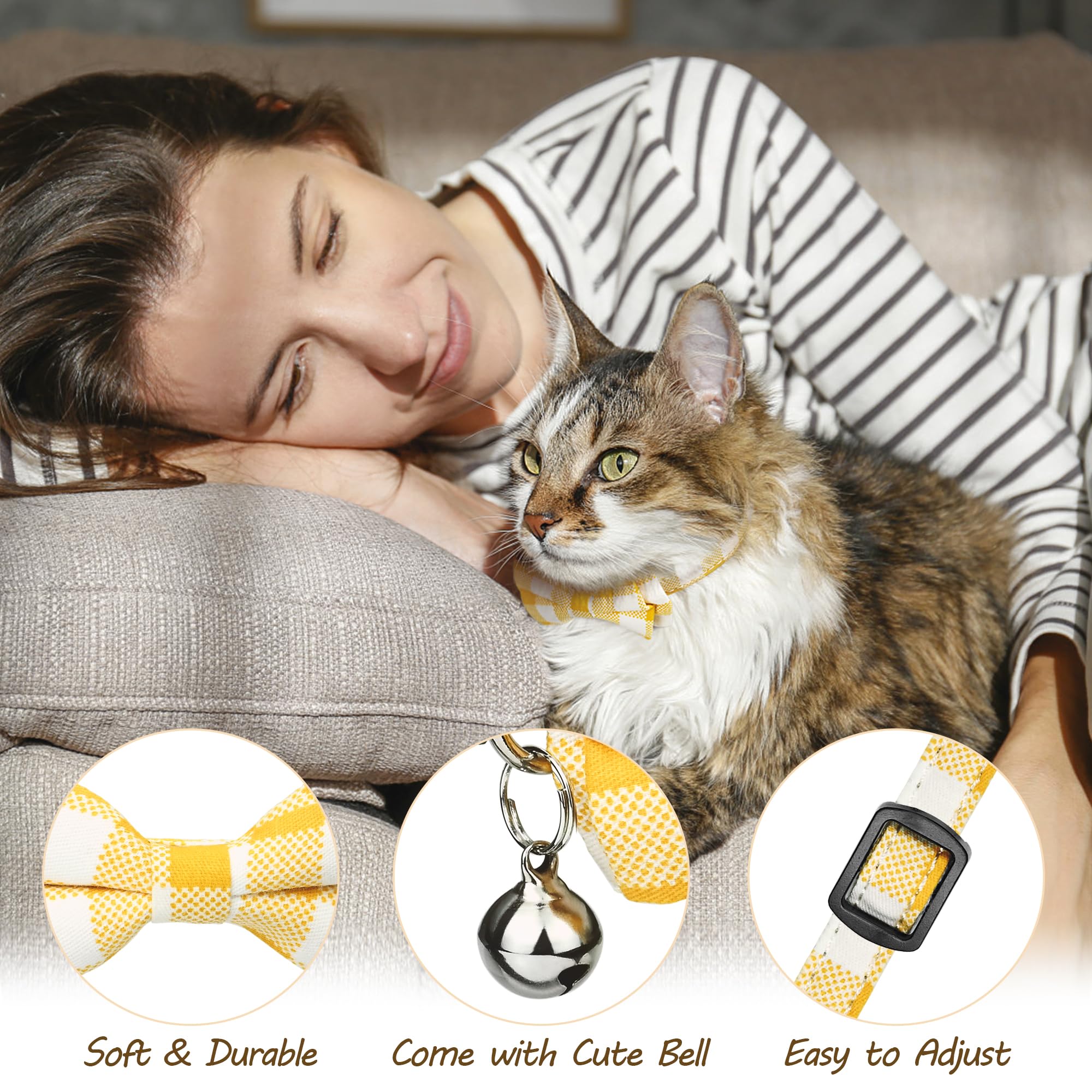 G-Ficu 2 Pack Cat Collar Breakaway With Cute Bow Tie Bell Charm, Flower Plaid Collars For Girl Boy Cats Kittens With Adjustable