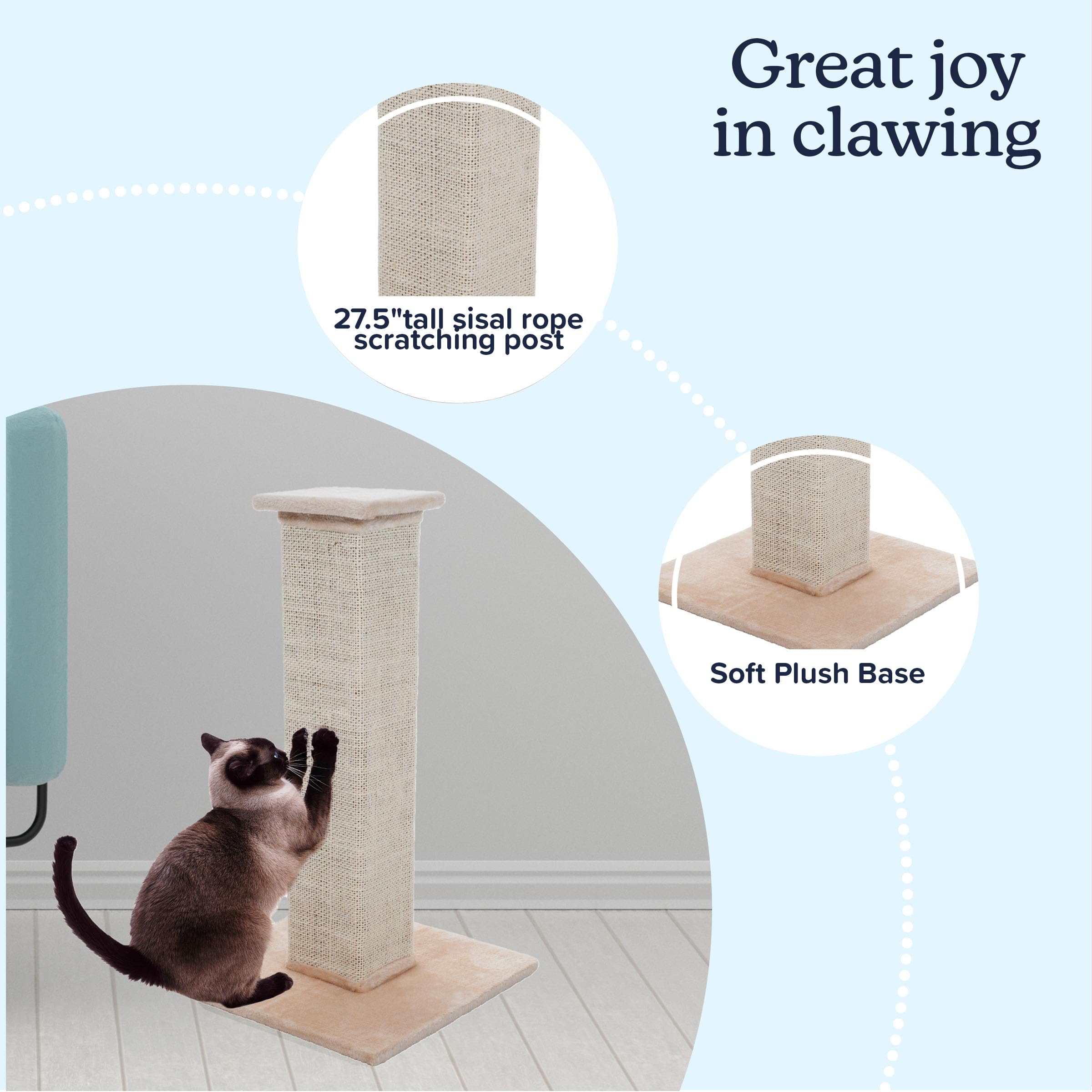 Cat Scratching Post with Carpeted Base - 27.75-Inch Sisal Burlap Fabric Scratcher - Furniture Scratching Deterrent for Indoor Ca