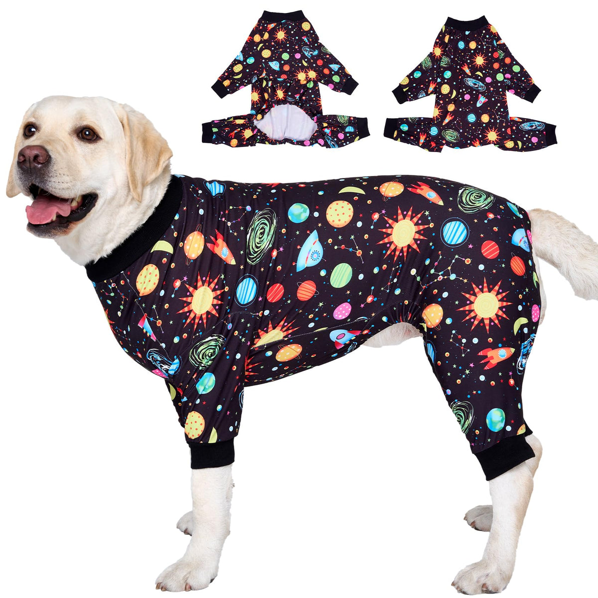 Lovinpet Big Dogs Onesies: Big Dog Pajamas, Post Surgery/Wound Care, Lightweight Stretchy Fabric, Interstellar Black Print, Dog Jumpsuit, Anti Licking, Pet Pj'S/Medium