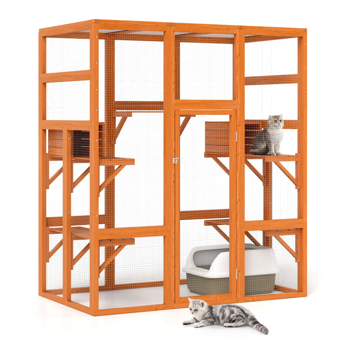 71Inches Large Wood Catio Outdoor Cat Enclosure With Perches And Condos, Cat House Indoor With Waterproof Roof, Cat Shelter 7 Pl