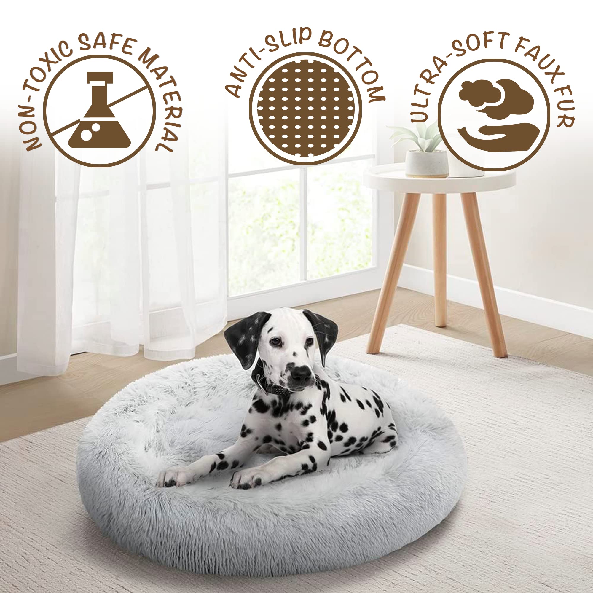 Friends Forever Donut Dog Bed Faux Fur Fluffy Calming Sofa For Large Dogs, Soft & Plush Anti Anxiety Pet Couch For Dogs, Machine