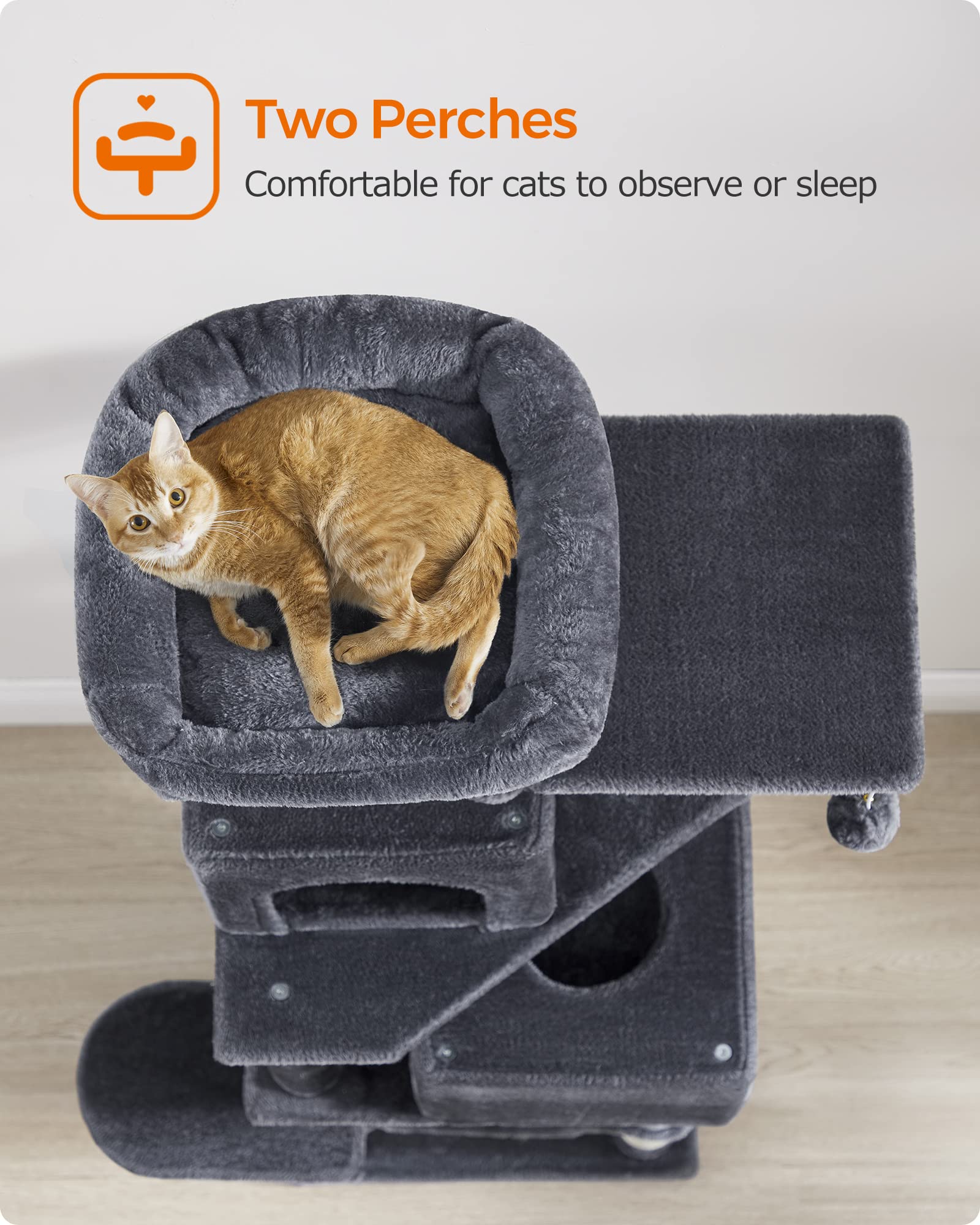 Feandrea Cat Tree, 61-Inch Cat Tower For Indoor Cats, Plush Multi-Level Cat Condo With 5 Scratching Posts, 2 Perches, 2 Caves, Hammock, 2 Pompoms, Smoky Gray Upct192G01