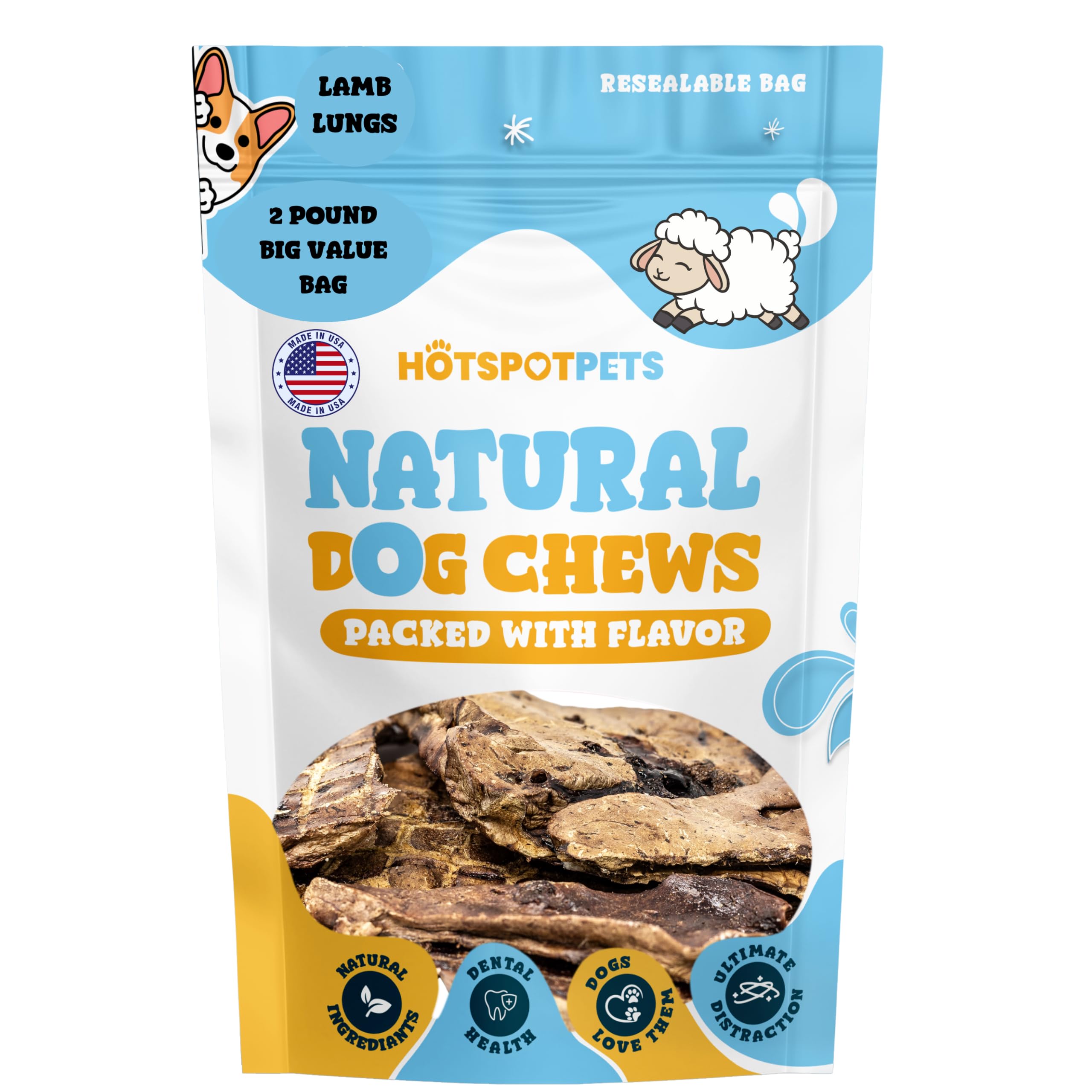 hotspot pets Dehydrated Lamb Lung Dog Treats - 2 Pound Big Bag, All-Natural, Made in USA - High Protein, Low Fat - Slow Roasted 