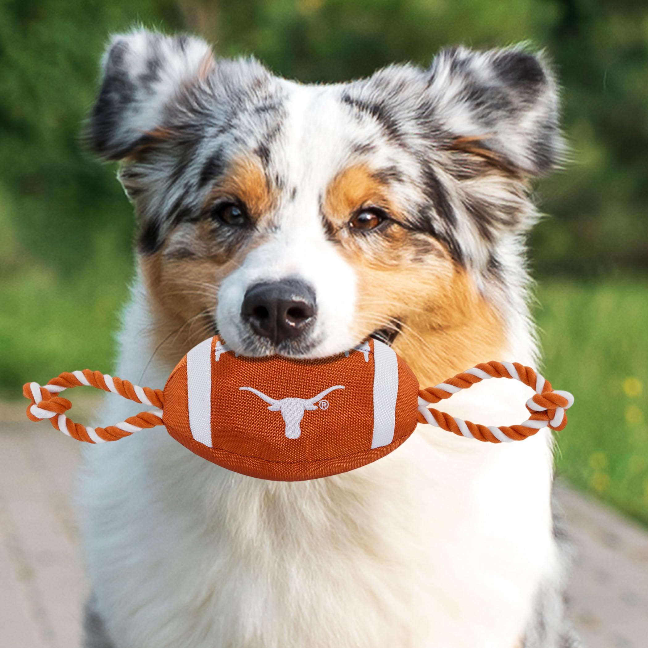 Pets First NCAA Texas Longhorns Football Dog Toy, Tough Quality Nylon Materials, Strong Pull Ropes, Inner Squeaker, Collegiate T