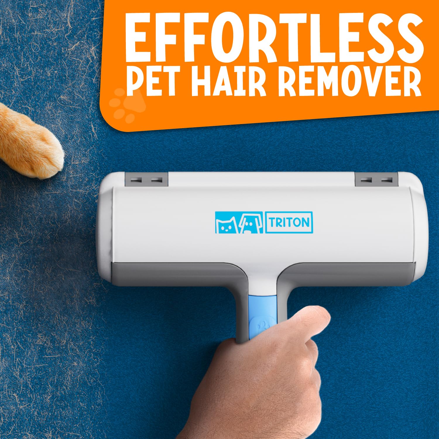 Triton Pet Hair Remover - Easy-to-Use Tool for Cats & Dogs - Compact, Gray/White - Reusable with Fur Trapping Compartment