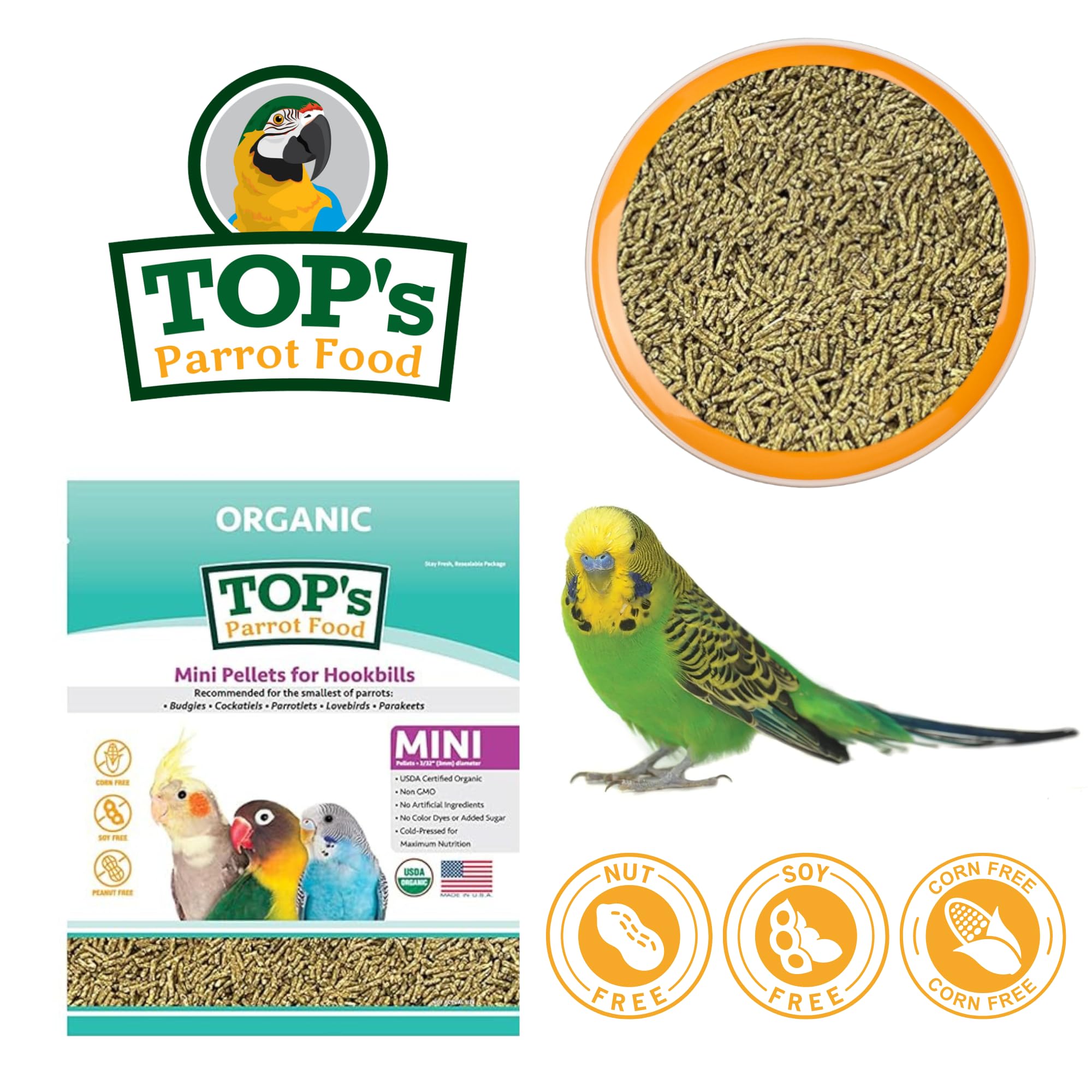 TOPs Parrot Food Mini Pellets Bird Food for Budgies, Cockatiels, Parrotlets, Lovebirds, Parakeets - Non-GMO, Peanut Soy & Corn