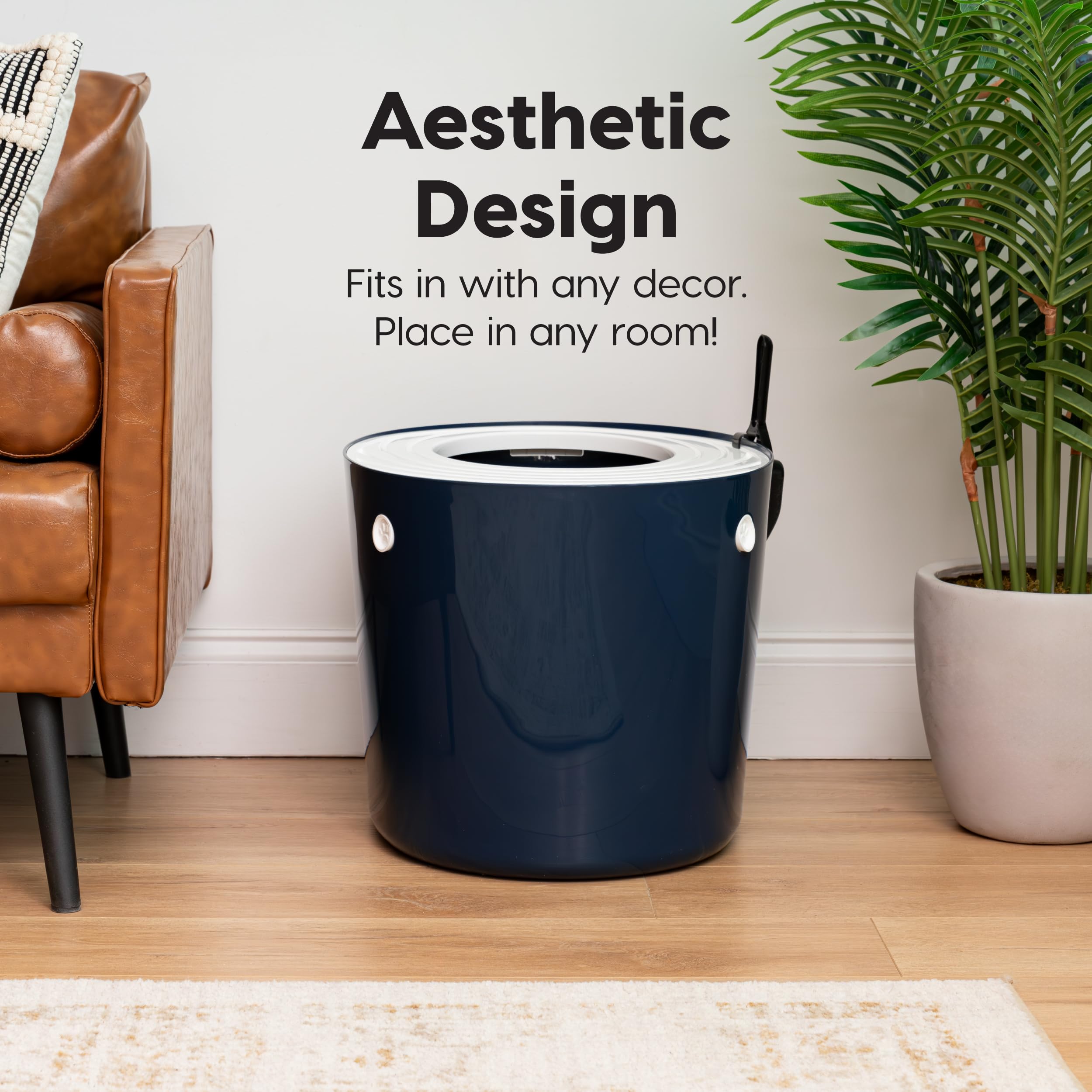 Iris Usa Cat Litter Box, Top Entry Litter Box With Scoop, Stylish Round Cat Litter Box Enclosure, Kitty Litter Box, Navy/White