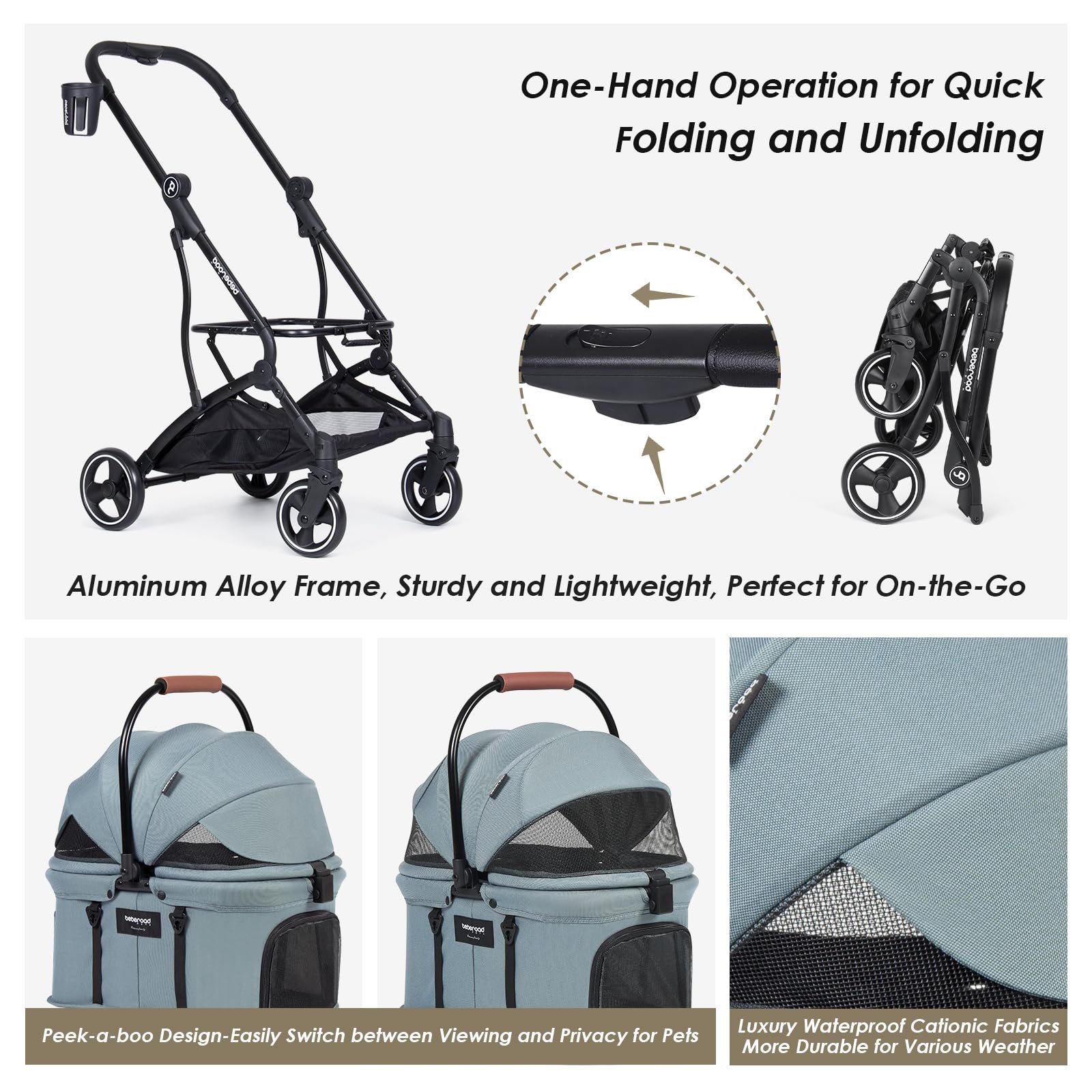 Beberoad Pets T3 3 In 1 Small Pet Stroller For Dog & Cats, 4 Wheels With Detachable Carrier With Pad, Canopy And Cup Holder, Gre