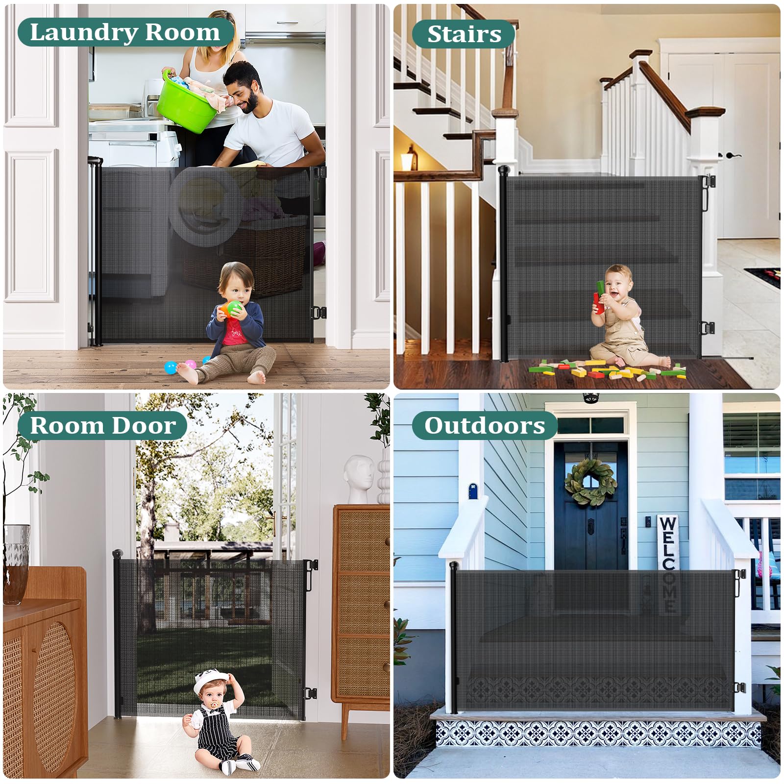 Retractable Baby Gates Extra Wide | 72 Wide x 38 Tall Dog Gates for Stairs | Indoor/Outdoor Use | Child Gates for Doorways, Deck