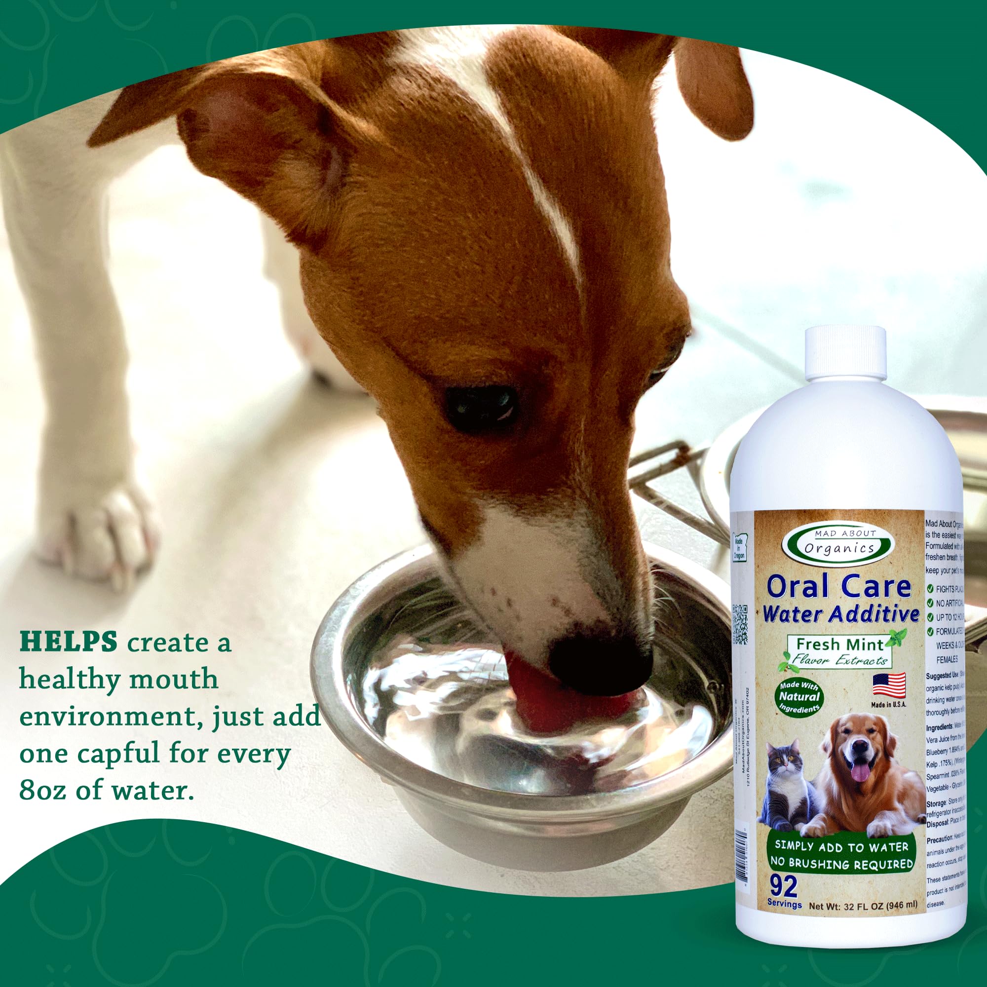 Mad About Organics Oral Care Water Additive for Cats & Dogs, Fresh Mint Flavor, 32 FL OZ, Gentle Dental Support