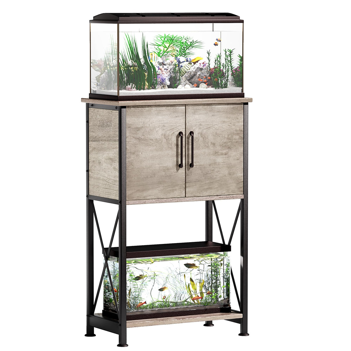 Herture 5-10 Gallon Fish Tank Stand, Metal Double Aquarium Stand With Cabinet For Fish Tank Accessories Storage, Heavy Duty 20.5' L* 11.02' W Tabletop, 500Lbs Capacity Grey Pg06Ygz